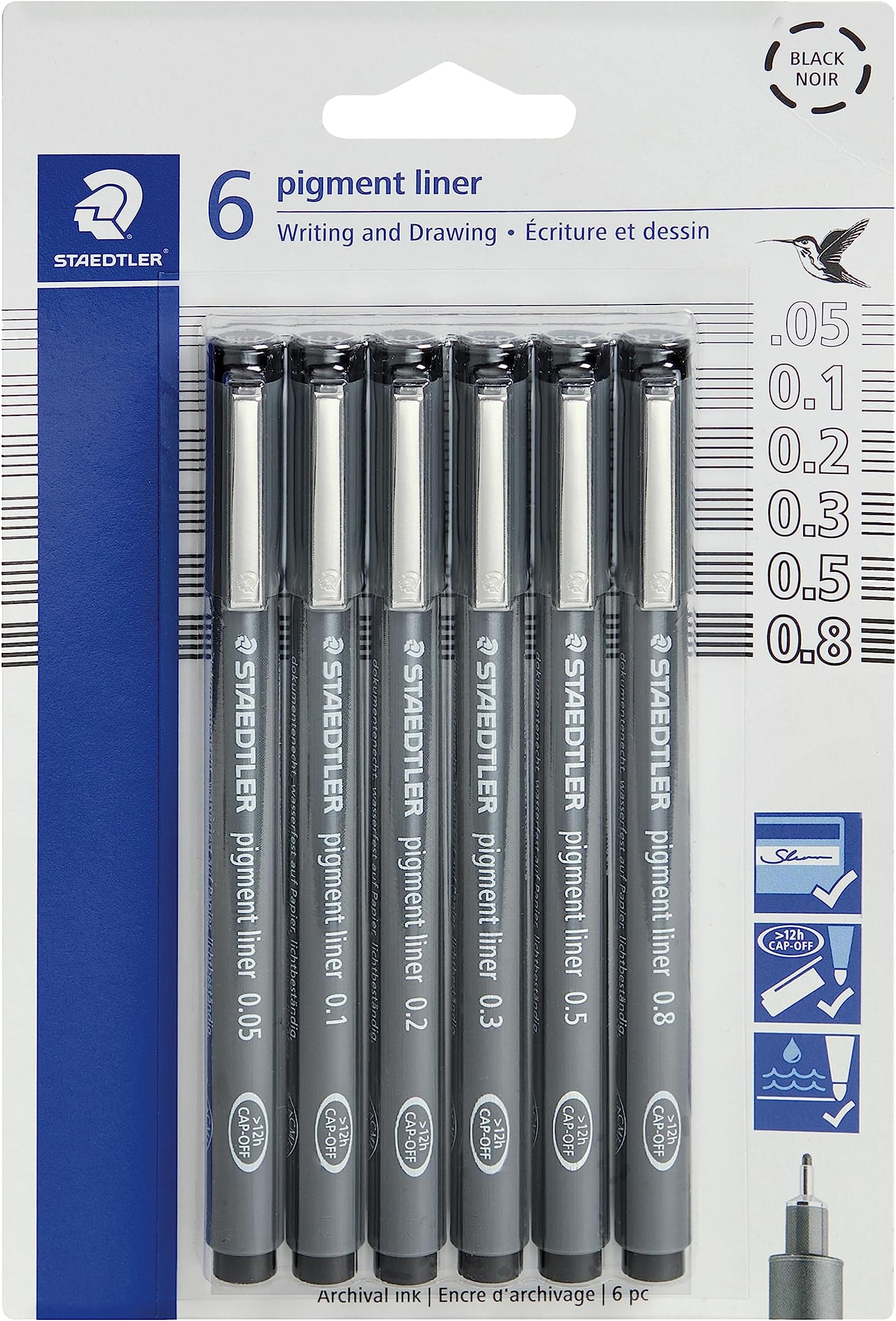 Pigment Liner Pack, Black, 6 Pens, Assorted Line Widths, 0.05mm, 0.1mm, 0.2mm, 0.3mm, 0.5mm, 0.8mm