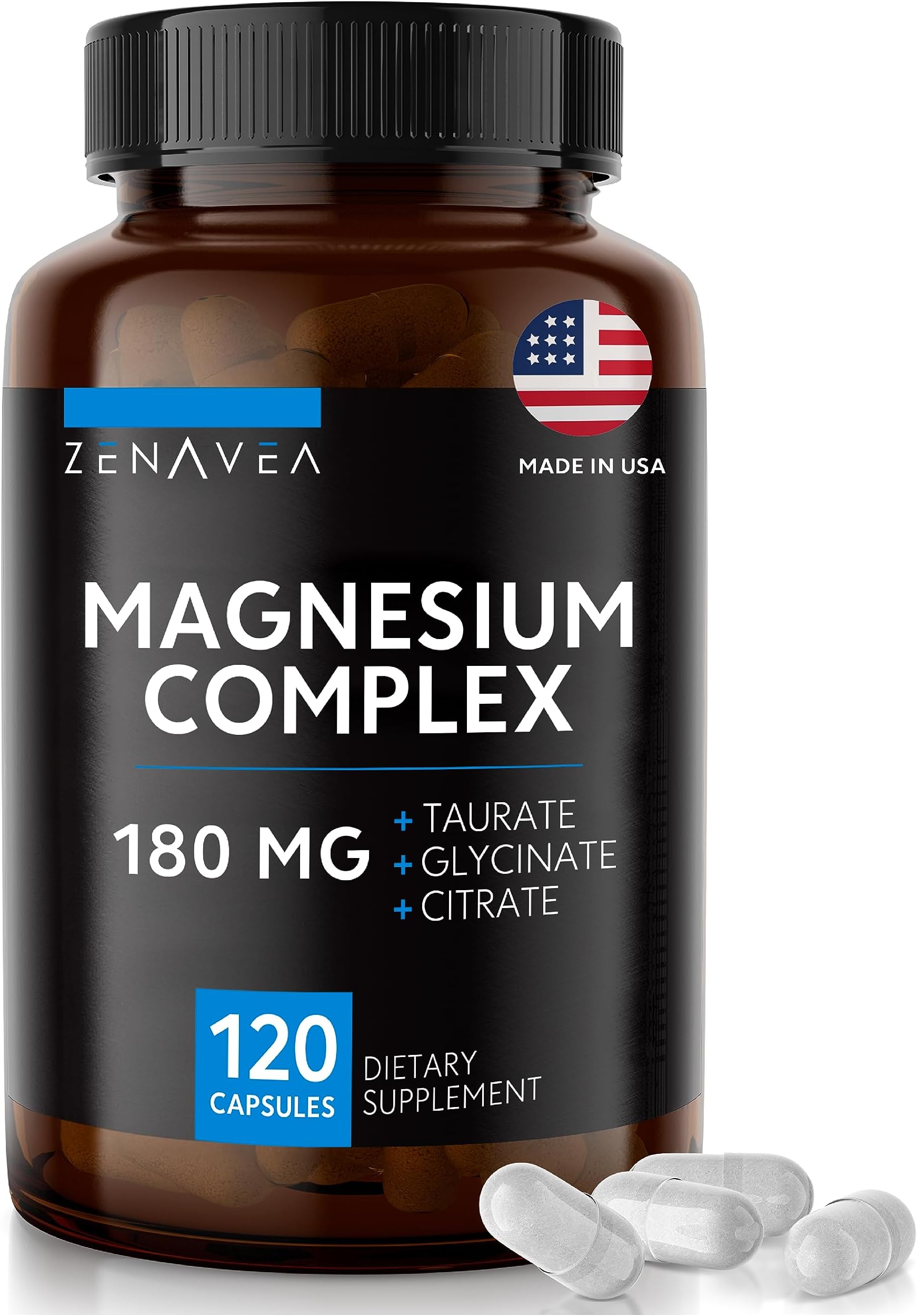 Triple Magnesium Complex (120 Vegan Capsules) - 500mg of Magnesium Malate, Glycinate, Citrate and Chelate for Max Absorption TRAACS® - Muscle Relaxation, Stress and Anxiety Relief, Energy