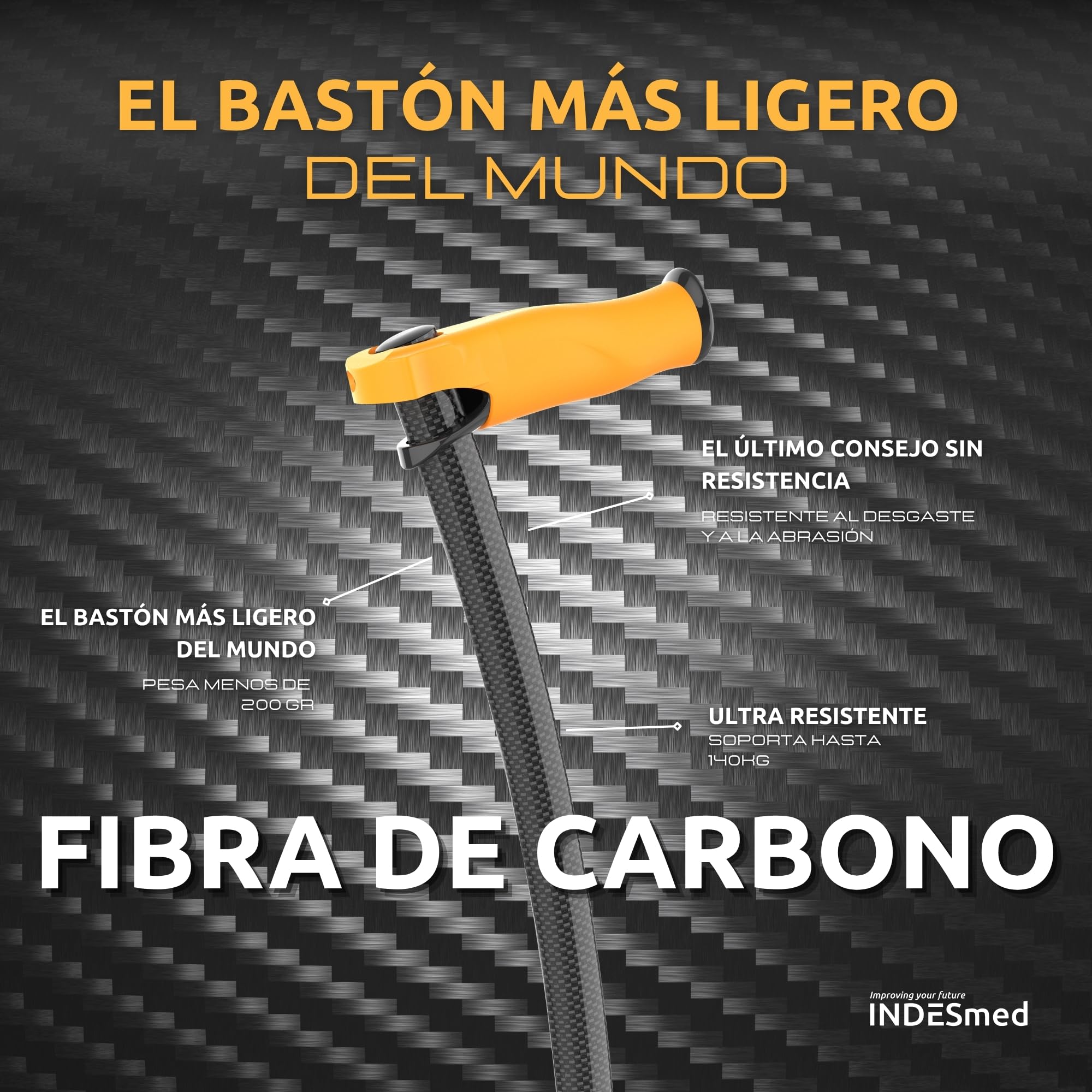 Bastón para Personas Mayores de Fibra de Carbono INDESmed | Ultra-Ligero, Ajustable, Ergonómico y Resistente | Ayuda para Caminar con Mango Antitendinitis | Cómodo y Seguro (Negro, L (175-185cm))