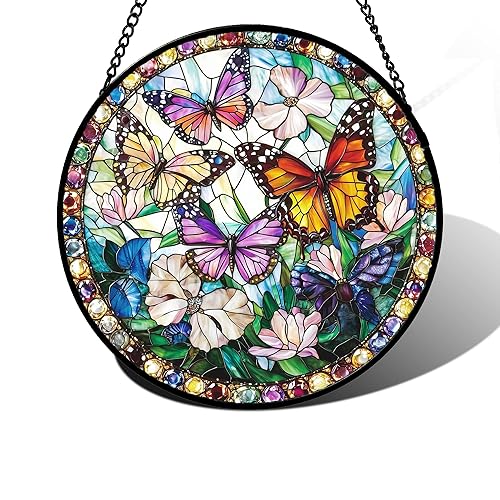 Stained Glass Window Hanging, Colorful Butterfly Suncatcher for Doors Home