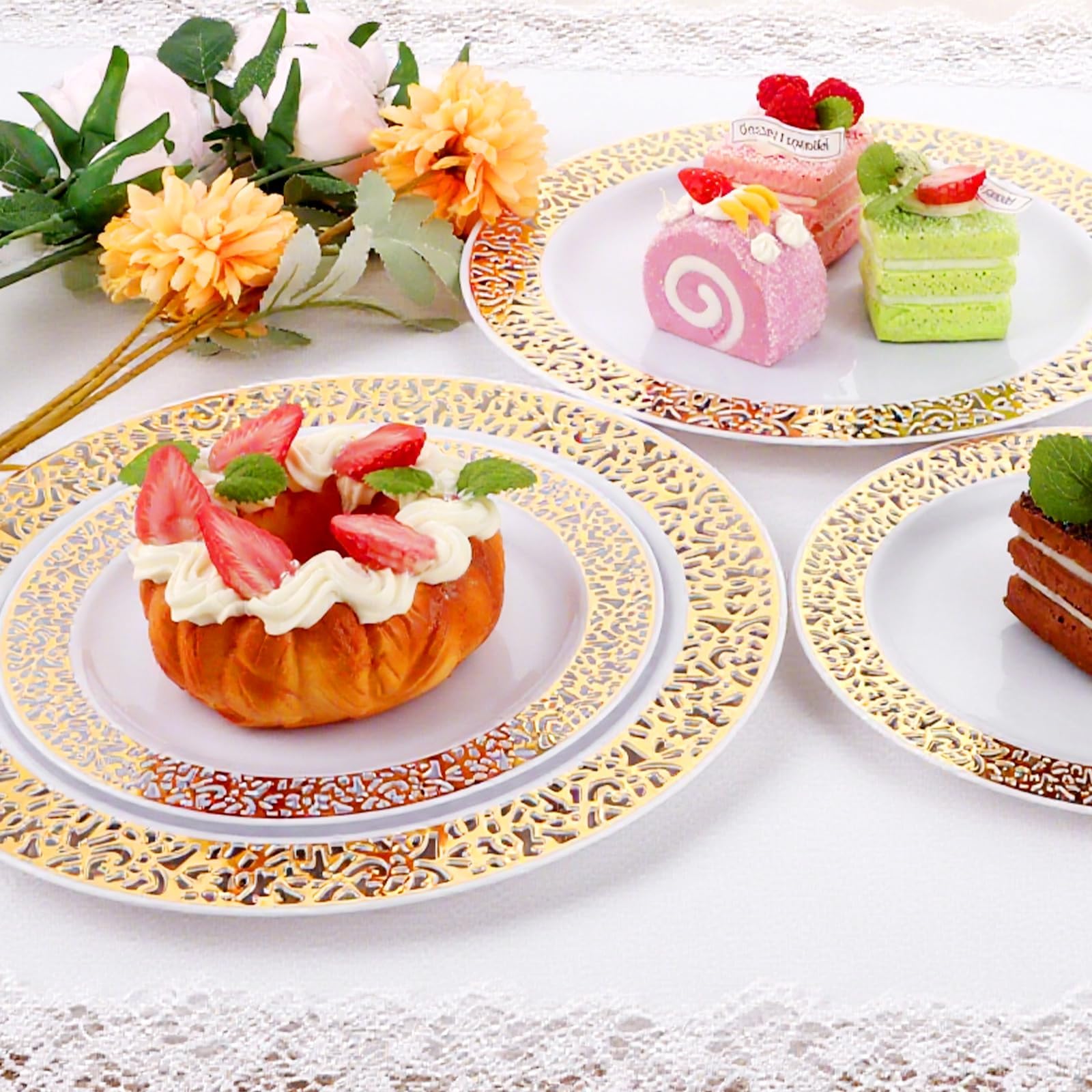 AKOLAFE 50 Piezas Platos Plástico Dorado, Platos Reutilizables con Borde Dorado 19 cm y 26 cm para Bodas Fiestas Cumpleanos Cena Postre Mesa Evento Decoración
