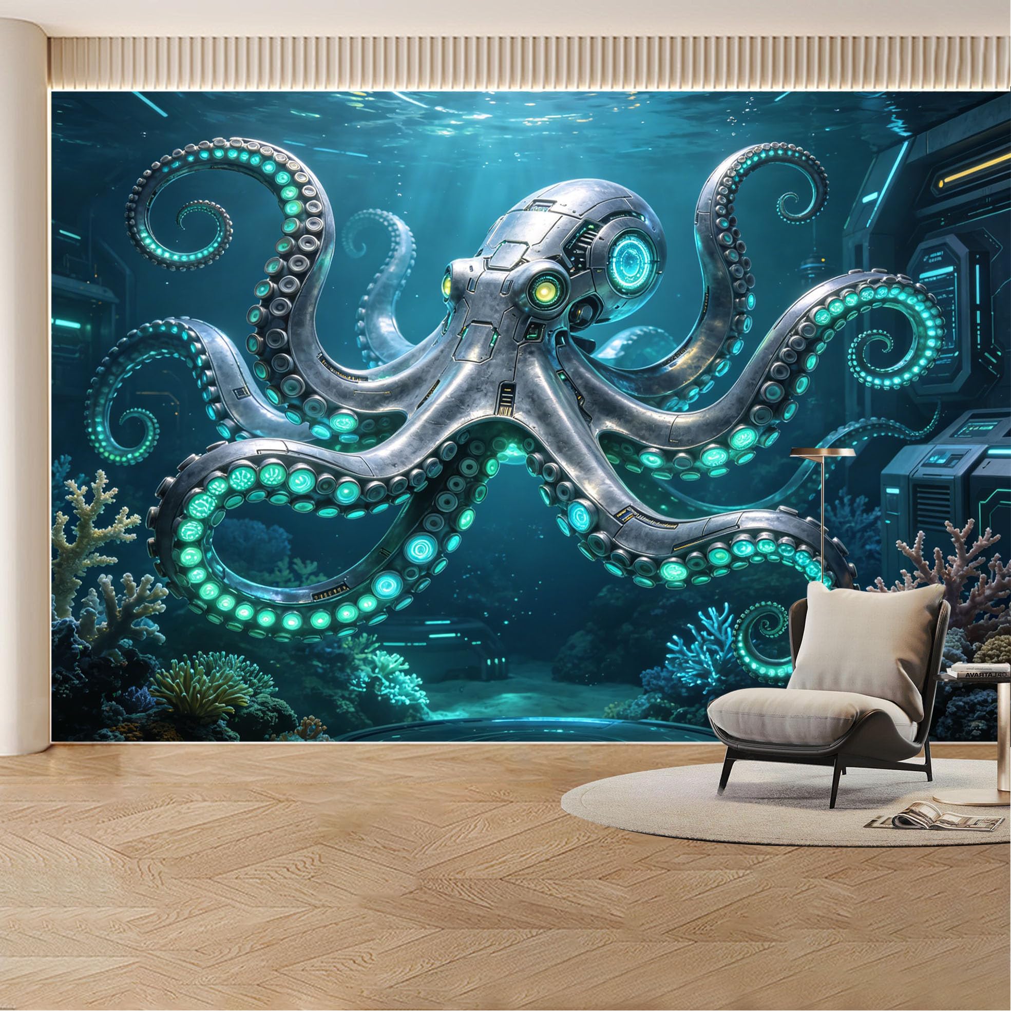 Custom Wall Mural Wallpaper Futuristic Octopus Ocean Landscape 3D Effect Modern Wall Decor Sci Fi Style Removable SelfAdhesive Large Photo for Living Room， Bedroom， Office