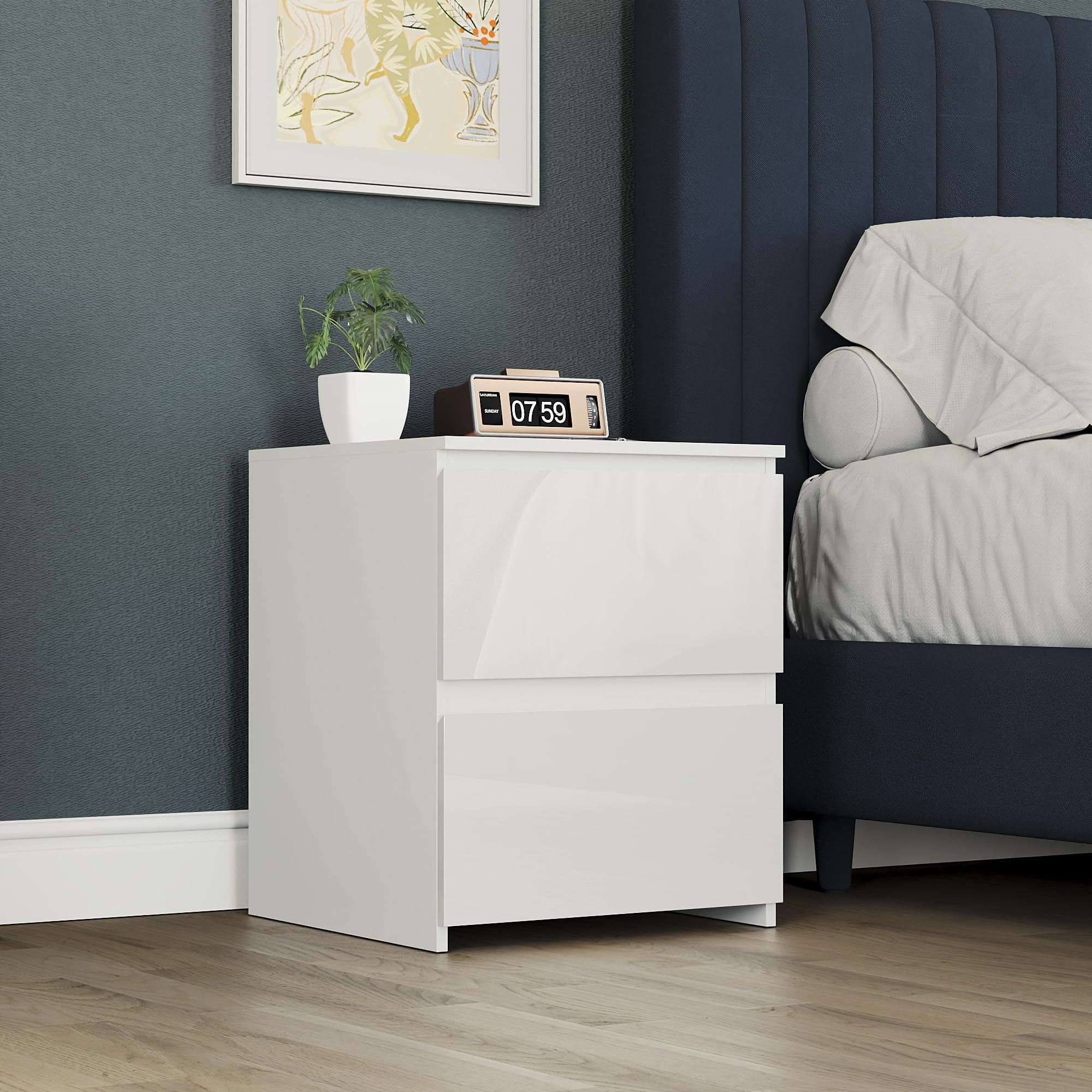 Vida Designs Glinton Commode de Chevet 2 tiroirs Blanc FSC 100%, Bois d'ingénierie, H 50 x W 43 x D 40 centimetres
