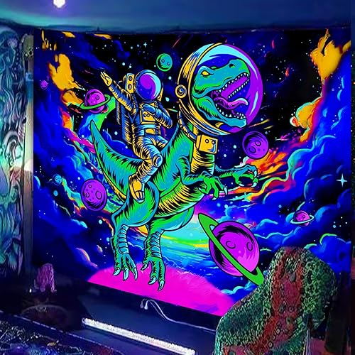 Miniatura 3 de Divertido tapiz espacial con luz negra, póster reactivo a los rayos UV, astronauta, dinosaurio, universo, decoración de luz negra para hombres,