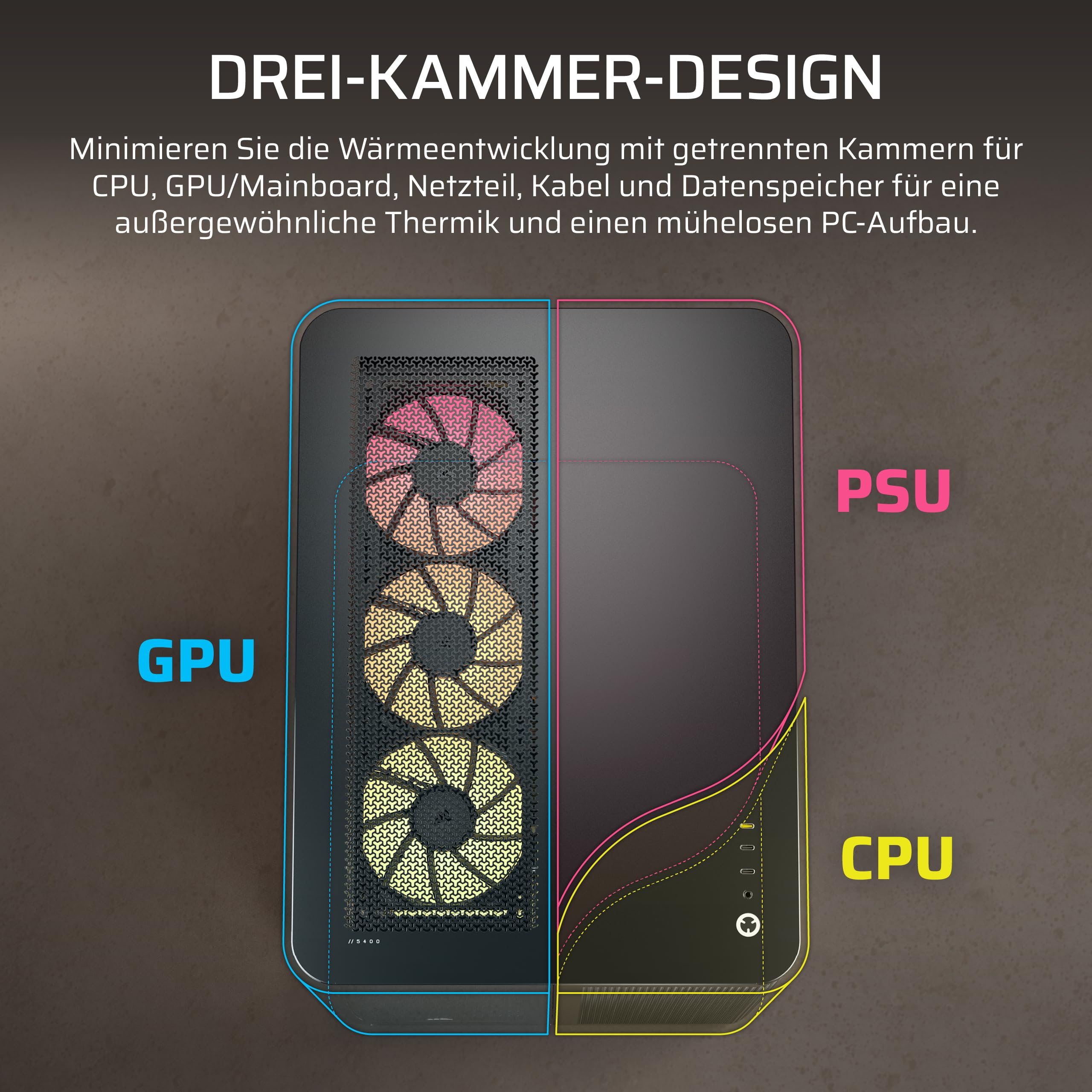 CORSAIR AIR 5400 RS-R ARGB Dreifach-Kammer-Mid-Tower PC-Gehäuse – Schwarz | 3x Vorinstallierte Reverse-Rotor RS120-R ARGB-Lüfter, Luftkanäle für Starke Kühlung, Reverse Motherboard-Unterstützung
