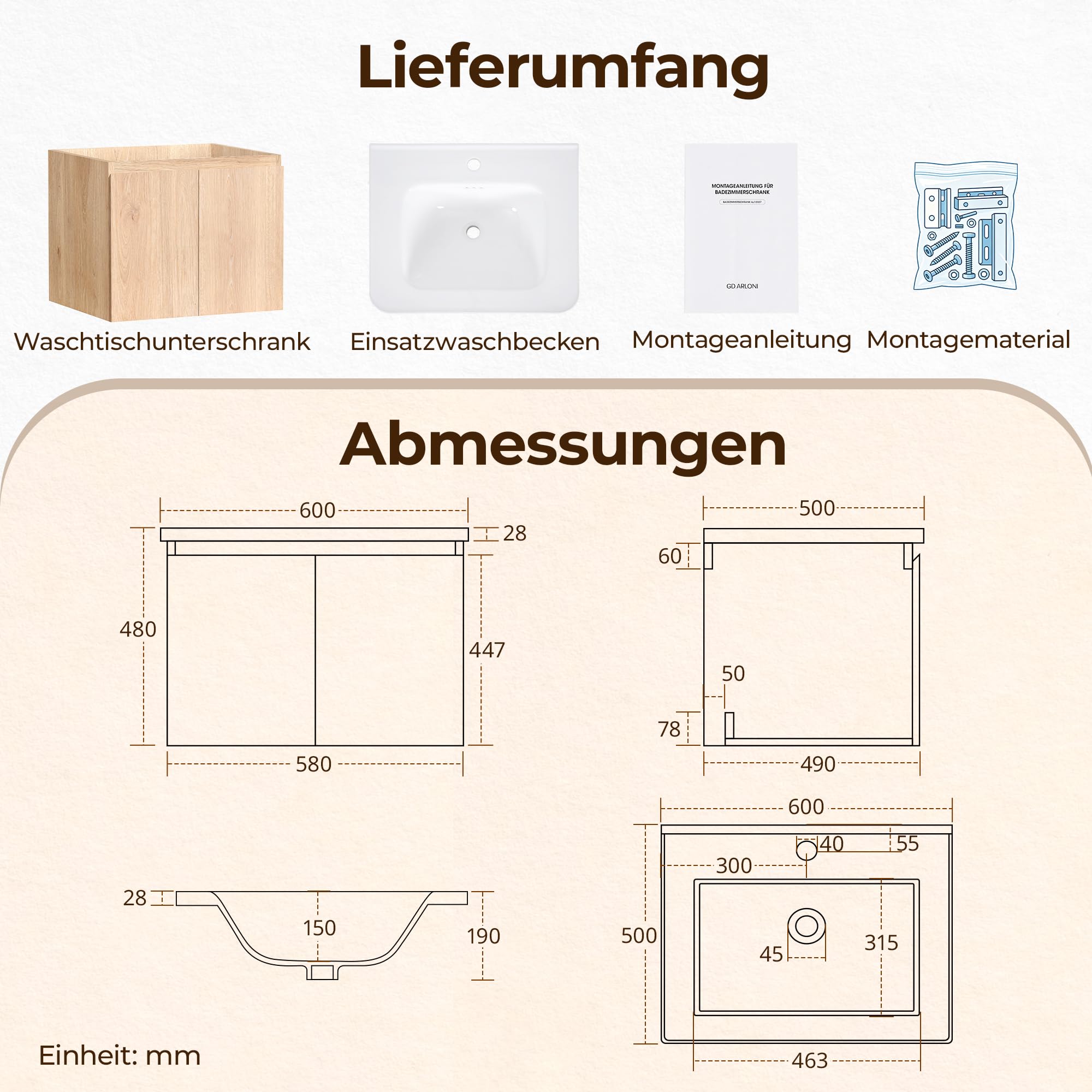 Waschbecken mit Unterschrank 60 cm, Hängend, Wandmontiert, Soft-Close | Handgefertigte Details, Keramikbecken, Soft-Close-Türen, versiegelte Kanten und Stauraum für kleine bis mittelgroße Bäder.