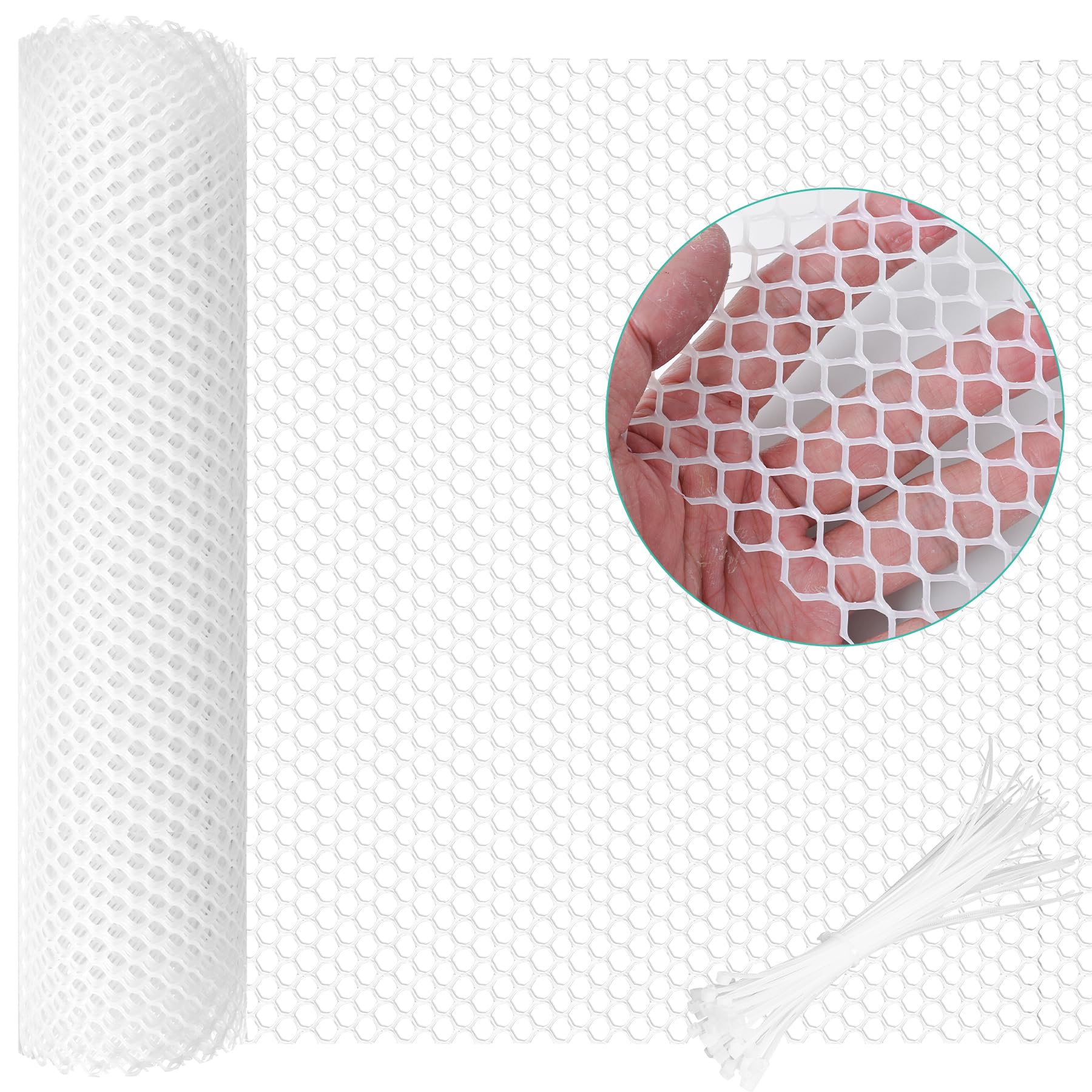Plastic Mesh Fence Sheet 15.7IN x 10FT - 0.3IN Opening Plastic Chicken Wire Netting Roll Durable for Dogs, Poultry, Puppy, Garden Snake Barrier with 50 Pcs Zip Ties - White