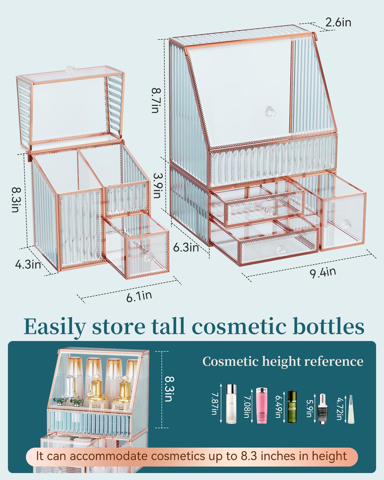 Youdepot Make up Organizer 3-teilig, Kosmetik Organizer aus gehärtetem Glas mit Schubladen, Schminktisch Organizer für Skincare, Pinsel, Lippenstift, Parfüm und Bad | Multifunktional, für Hautpflege, Lippenstiftpinsel, Kosmetik-Organizer, Badezimmer-Organ