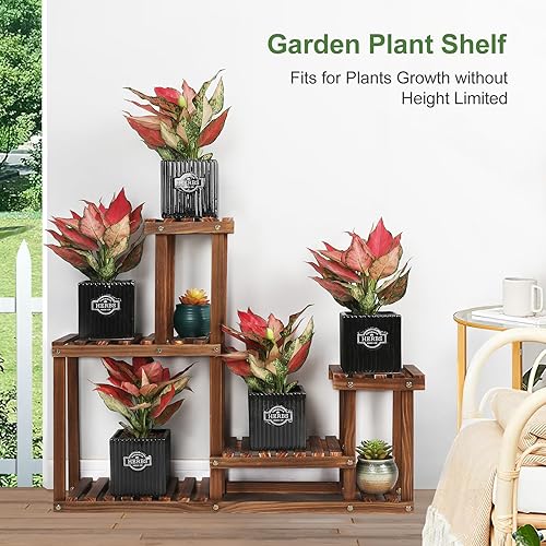 Miniatura 6 de Soporte de madera de pino para plantas en interiores y exteriores, estante de flores con niveles superiores e inferiores para plantas en jardín,