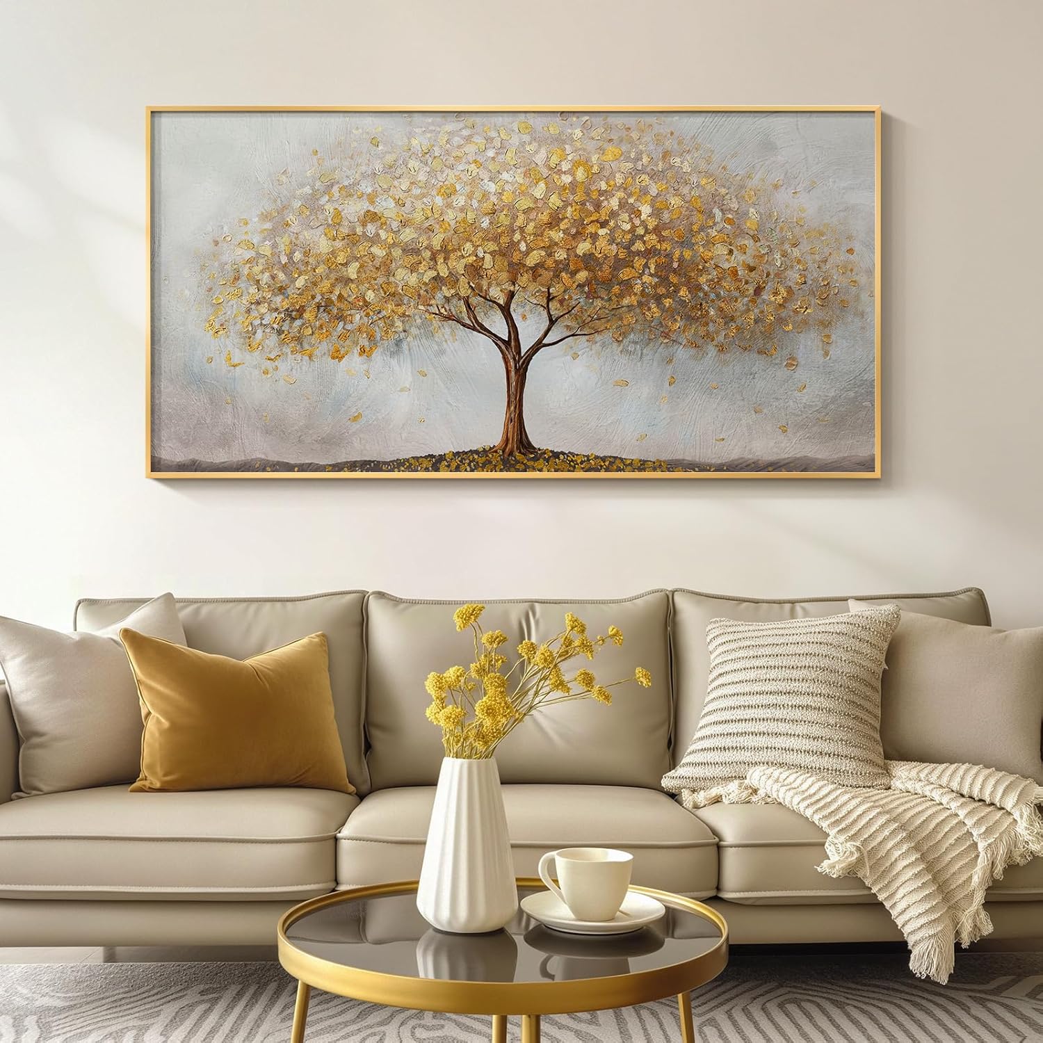 Cuspin Large 20x40 Framed Tree of Life Gold Canvas Wall Art - Luxury Modern Golden Tree Print for Living Room Bedroom Office Decor