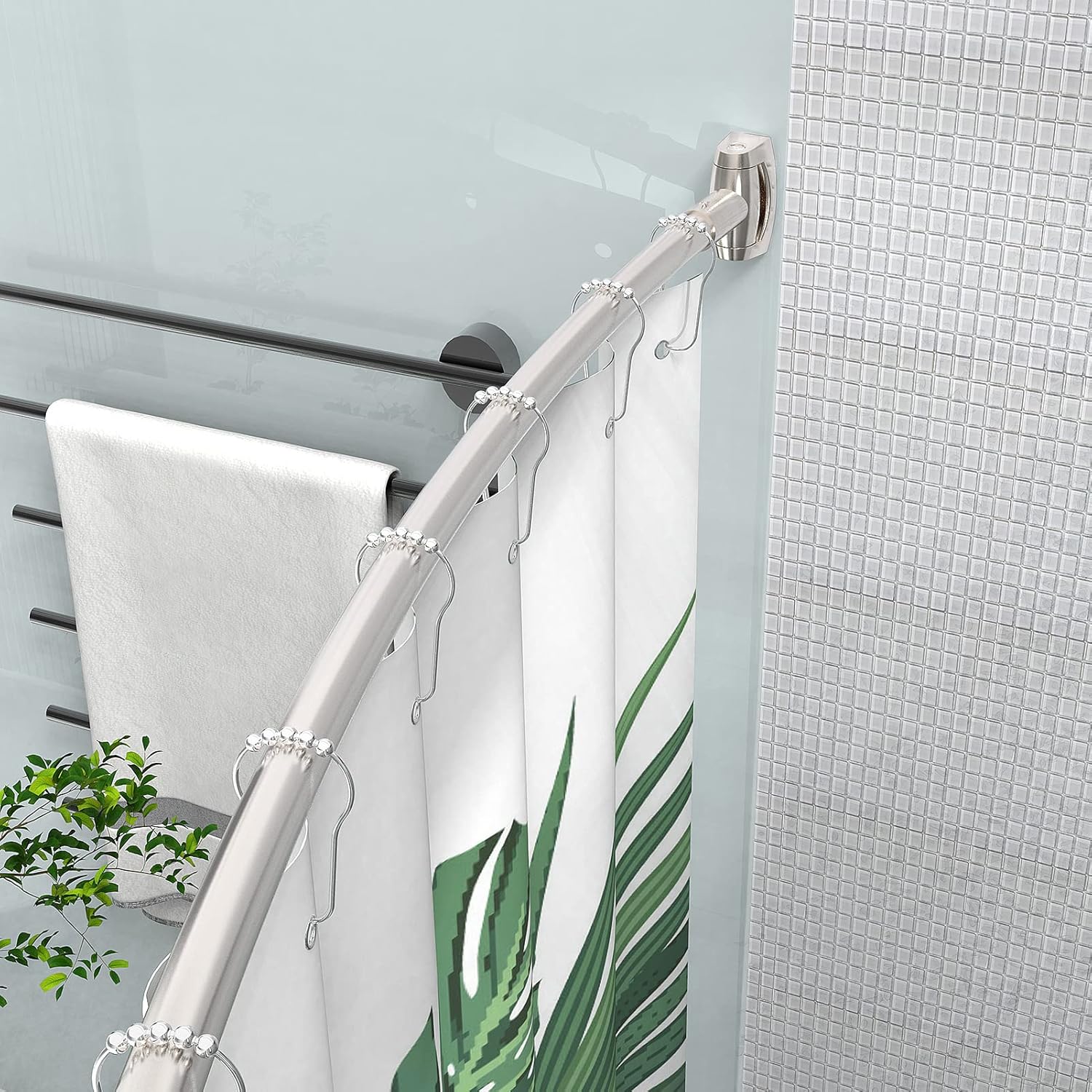 Bonpally Set of Adjustable Tension Shower Rod(Brush Nickel,32-61 inches) and Curved Shower Curtain Rod(Brush Nickel,43-72 inches)