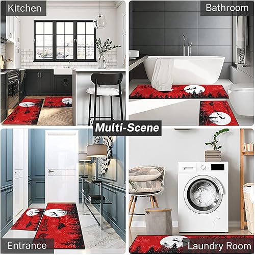 Miniatura 7 de Juego de 2 alfombras y tapetes de cocina de Navidad, antideslizantes, lavables, tapetes de cocina de renos de Papá Noel, tapete de camino de cocina