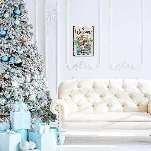Miniatura 7 de Whaline Letrero de hojalata retro de invierno, tarro de metal con plantas, copo de nieve, decoración de pared, adornos de Navidad, letrero de placa