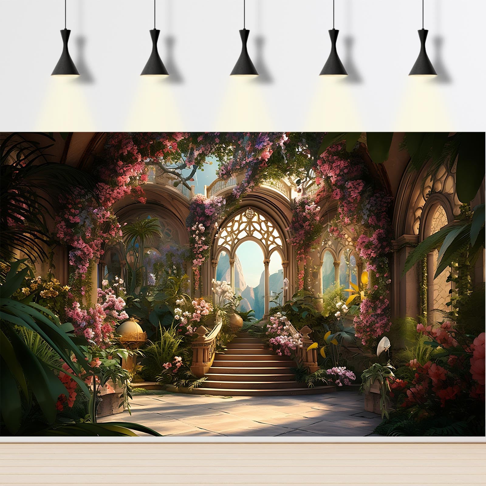 Garden Backdrop Wedding Archway Pink Flowers Photography Background Beautiful Fantasy Garden Scene with Stairway Backdrops Birthday Party Wedding Anniversary Portrait Photo Studio Props: 12x8ft