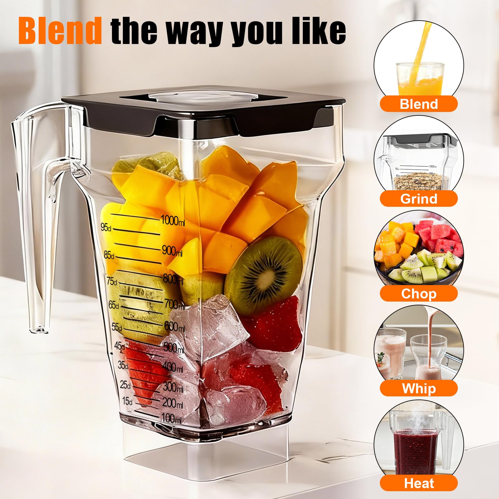 Mixerglas für Blendtec-Mixer, vierseitiger Mixer, Ersatz für Blendtec-Mixer, alle Modelle, 900 ml Mischkapazität, doppelte Edelstahl-Klinge