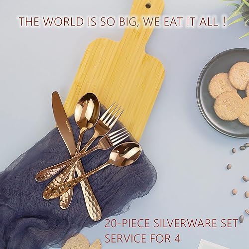 Miniatura 6 de Juego de cubiertos martillados de 20 piezas, cubiertos de acero inoxidable 1810, servicio para 4, diseño único, juego de cubiertos de cuchillos,