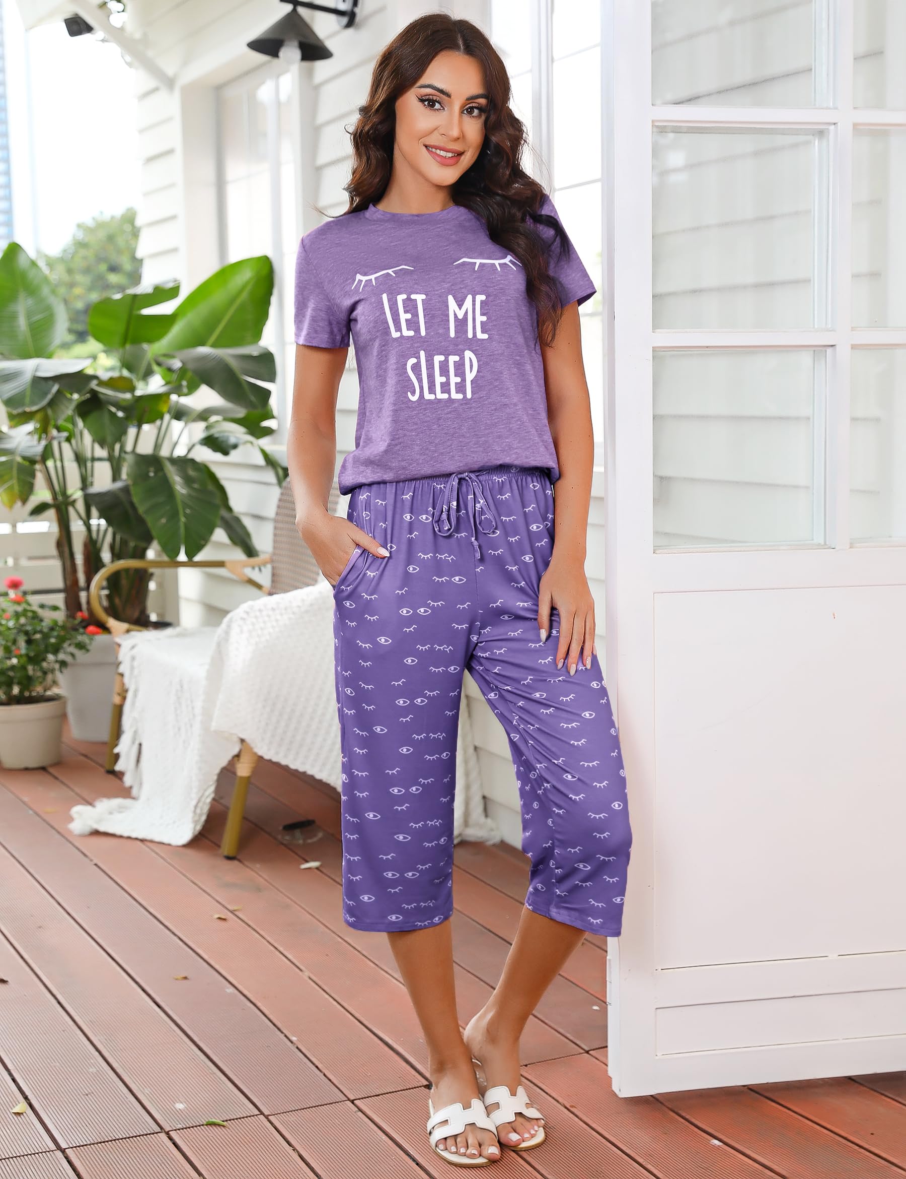 Uniexcosm Pigiama Donna Cotone Estivo Pigiama da Donna Girocollo Set da Donna con Pantaloni Corti Stampati a 3/4