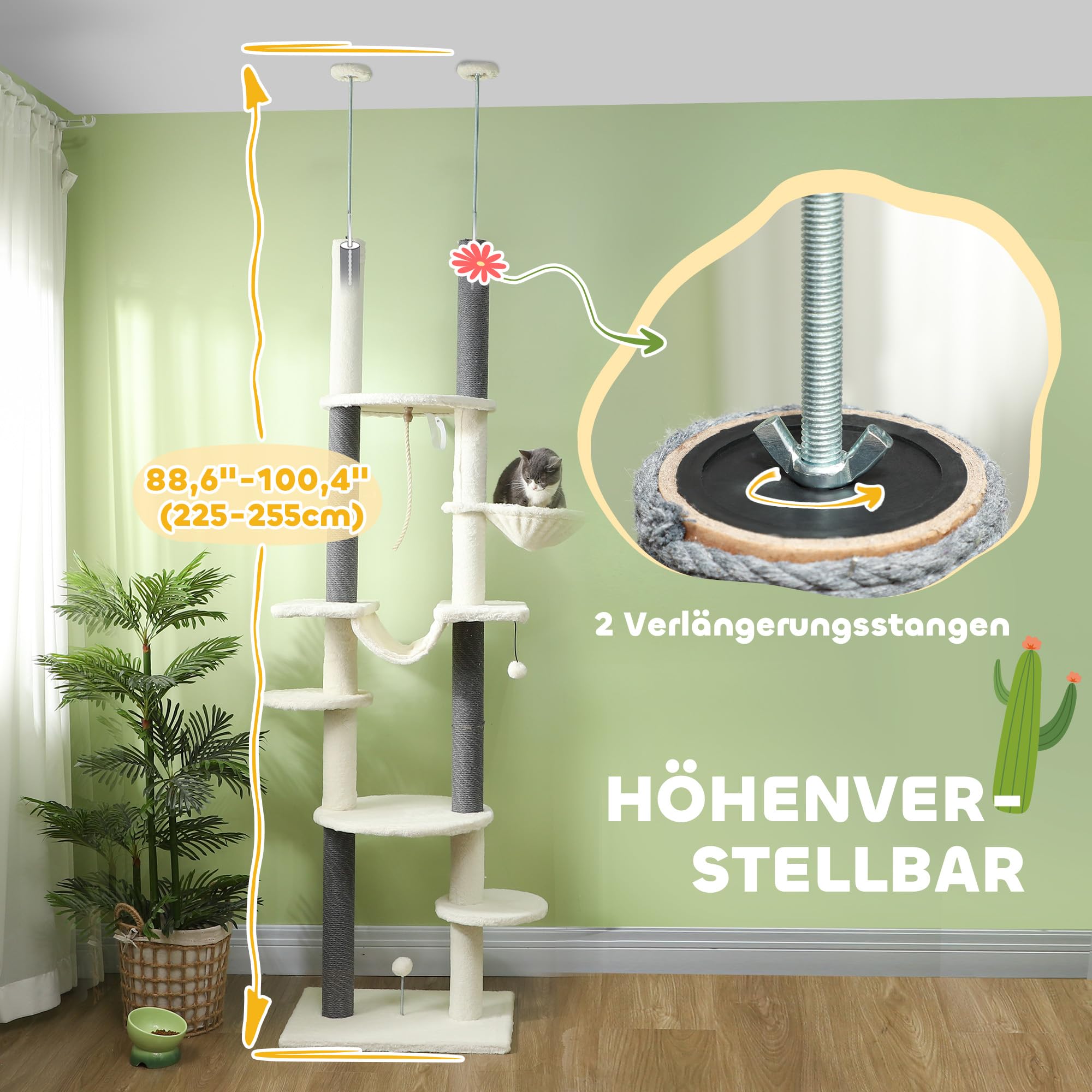 PawHut Kratzbaum Deckenhoch 225-255 cm Höhenverstellbar Katzenturm Weiß | 7 Ebenen, Korb Plattformen, Hängematte, 3 Kratzsäulen, Spielball, Katzenkratzbaum für Mittelgroße Katzen