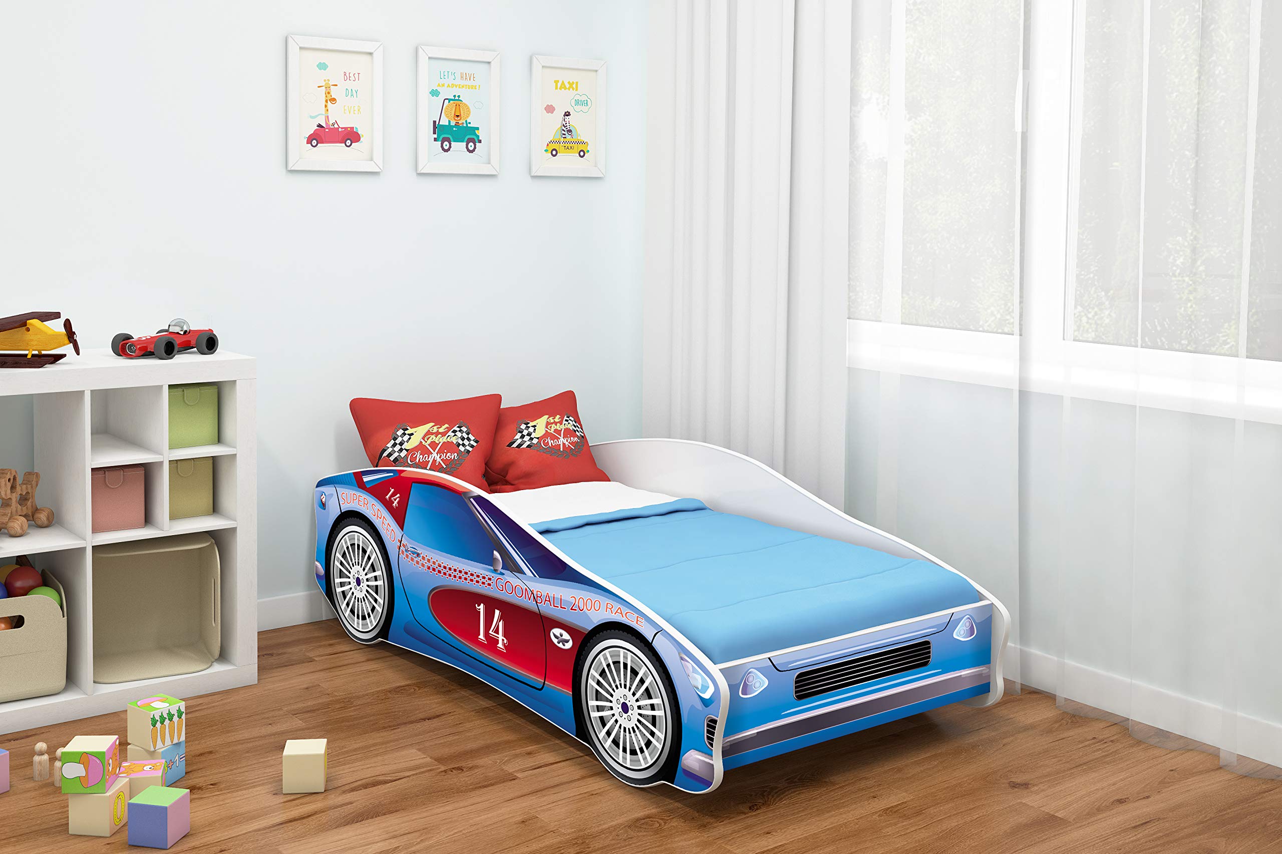 ACMA Lit Voiture Enfant 160x80 cm Modèle 2 avec Matelas et Sommier à Lattes - Lit Junior Voiture pour Garçon, Lit Enfant Design Voiture pour Chambre d’Enfant avec Barrière de Sécurité
