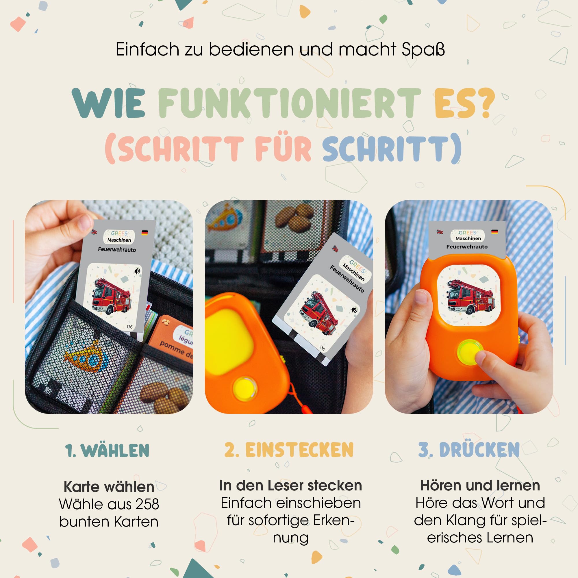 GREES Sprechende Lernkarten Deutsch mit Tragetasche – 258 Wörter mit klarer Studio-Stimme, 12 Themen, Montessori-Lernspielzeug ohne Bildschirm für Kinder 2–6 Jahre, Sprachförderung und Wortschatz