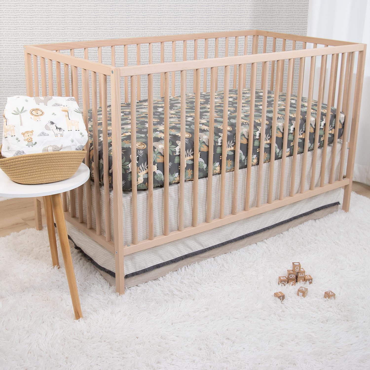 The Peanutshell Safari zestaw pościeli do łóżeczka dziecięcego dla chłopców lub dziewcząt, 4 szt., bawełna organiczna, słoń, żyrafa, małpa, zebra, dekoracja przedszkola, neutralny szary, biały,