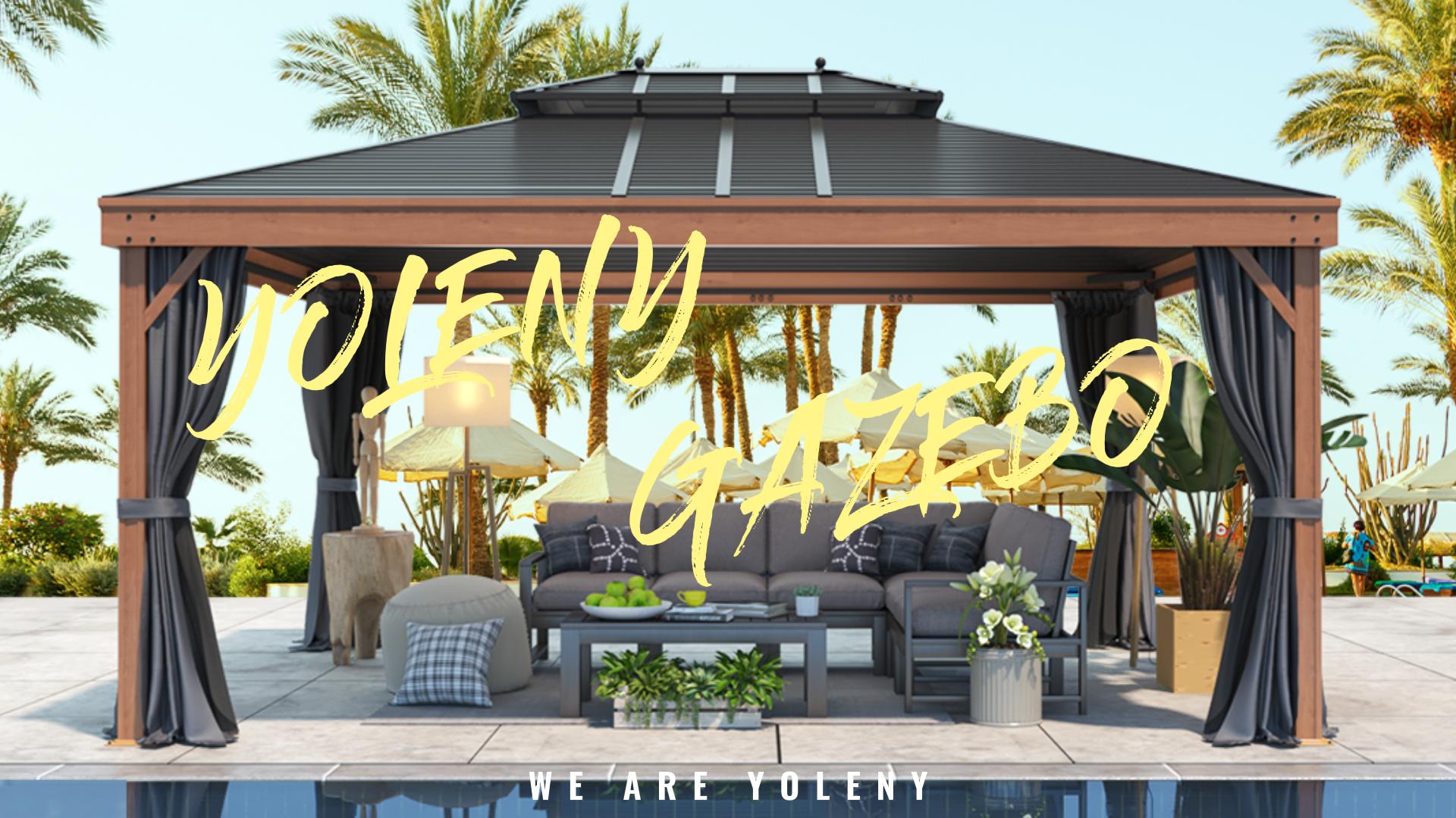 Details on 12 x 16 YOLENY Faux Wood Grain Gazebo