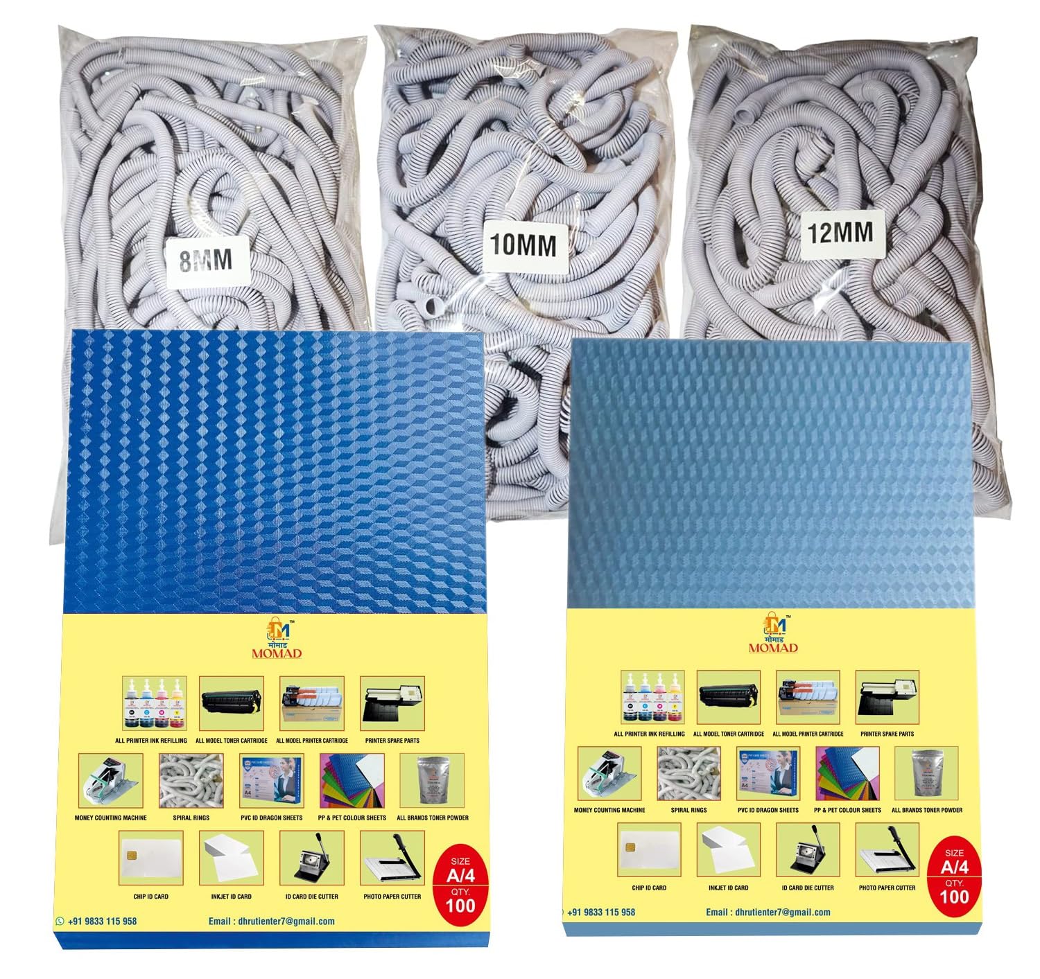 Momad Combo Pack for A/4 Spiral Binding Sheet 2 Packet with Spiral Binding White Ring 3 Packet(Ring Size 8mm, 10mm,12mm)-2Kg