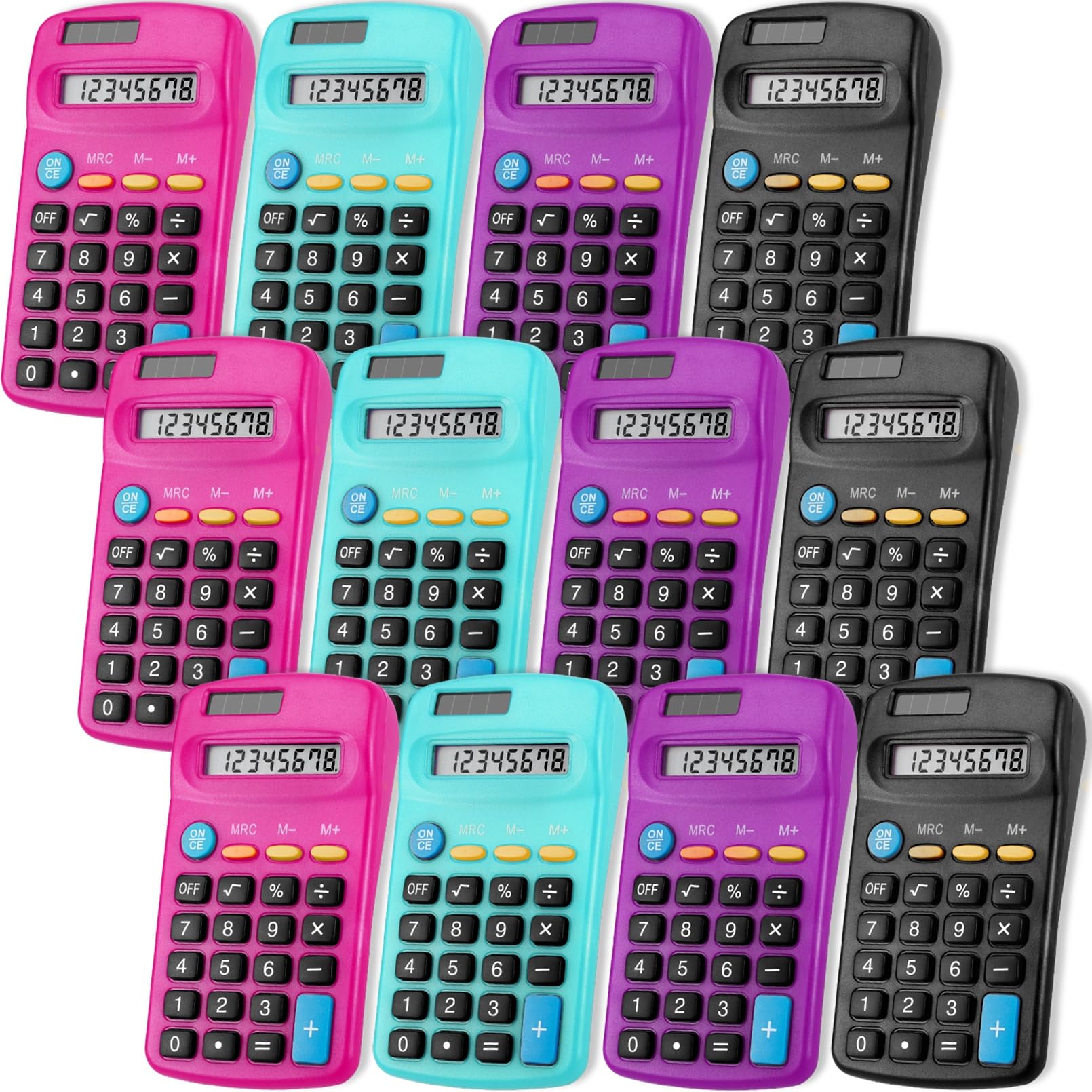 Paquete de 12 calculadoras solares, calculadoras básicas de tamaño de bolsillo, calculadoras de mano de doble potencia, pantalla de 8 dígitos, calculadoras pequeñas para escritorio de