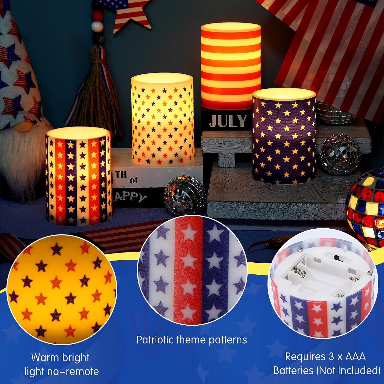 Treela Set of 4 Patriotic American Flag Flameless LED Battery Operated Pillar Candles 4th of July Candles 4th of July Decorations for Home