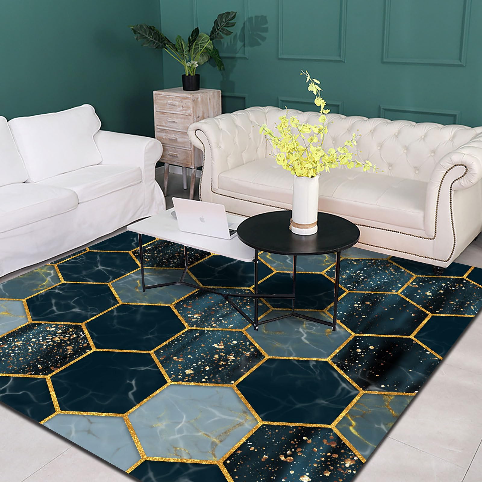 Tapis salle a manger losange géométrique bleu pour un intérieur cosy