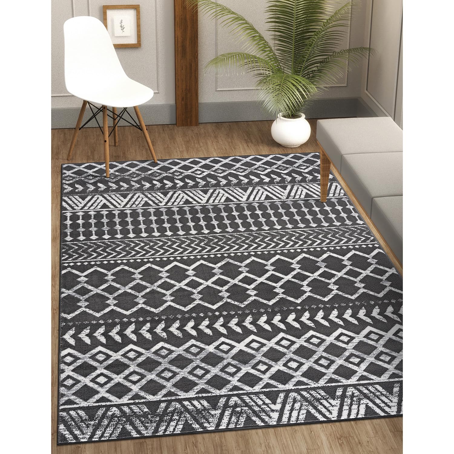 CAMILSON Boho Moroccan Dark Gray Rug Geometric Diamond 8x10 Area Rugs for Living Room Bedroom Kitchen Modern Bohemian Soft Stain Resistant Non-Shedding Indoor Carpet (8 x 10 Dark Grey and Cream)