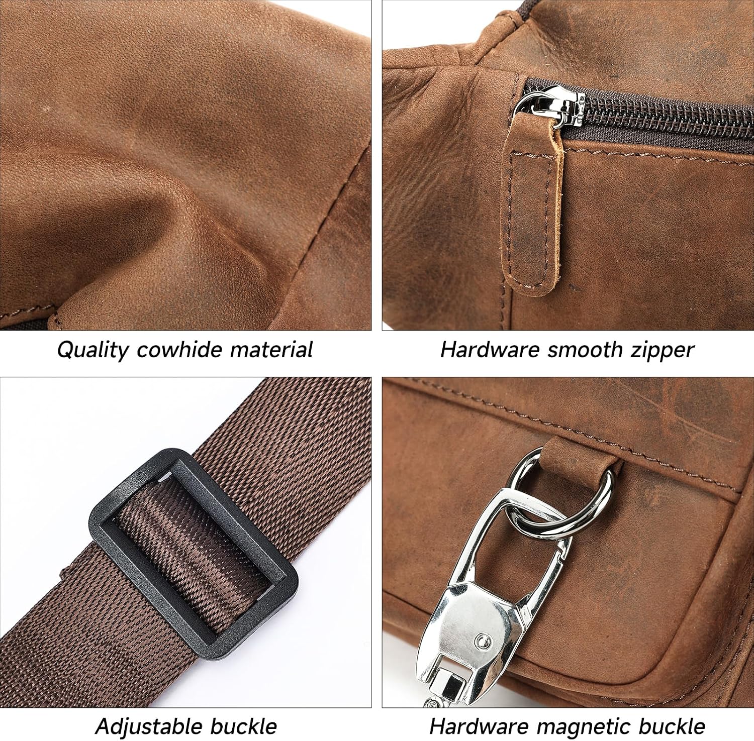 Genuine Leather Fanny Pack HandMade Durable cowhide Waist Bag Lots of Anti-theft zipper pocket Brown