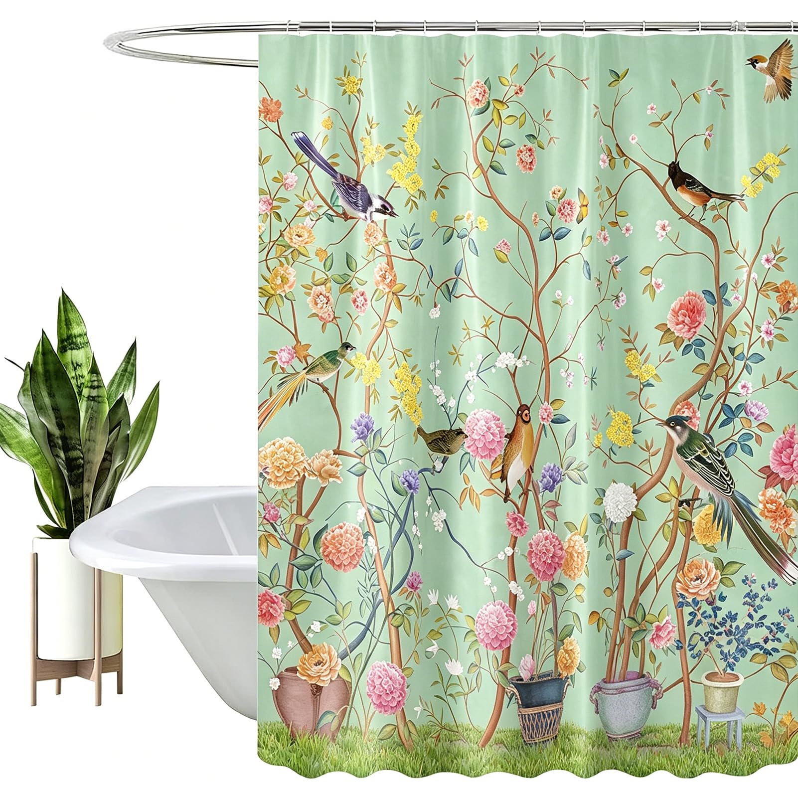 HEYOMART Shower Curtain Heavy Duty Polyester Fabric Waterproof Shower Curtain Liner, 3D Digital Painting Pattern for Shower Stall, Bathroom Curtains with 12 PCS Hooks (180x200cm, Green Bird Floral)