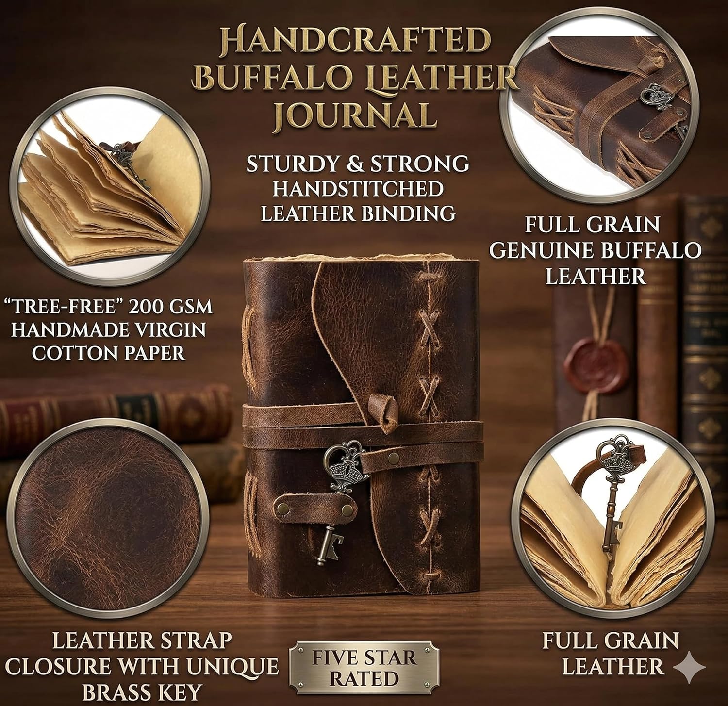 cuero Vintage Leather Bound Journal - Cappuccuno Brown, 8"X6", 200 Deckle Edges Pages for Men & Women, for Writing, Drawing, Travel Diary, Sketchbook – Vintage Key Closure - Book of Shadows