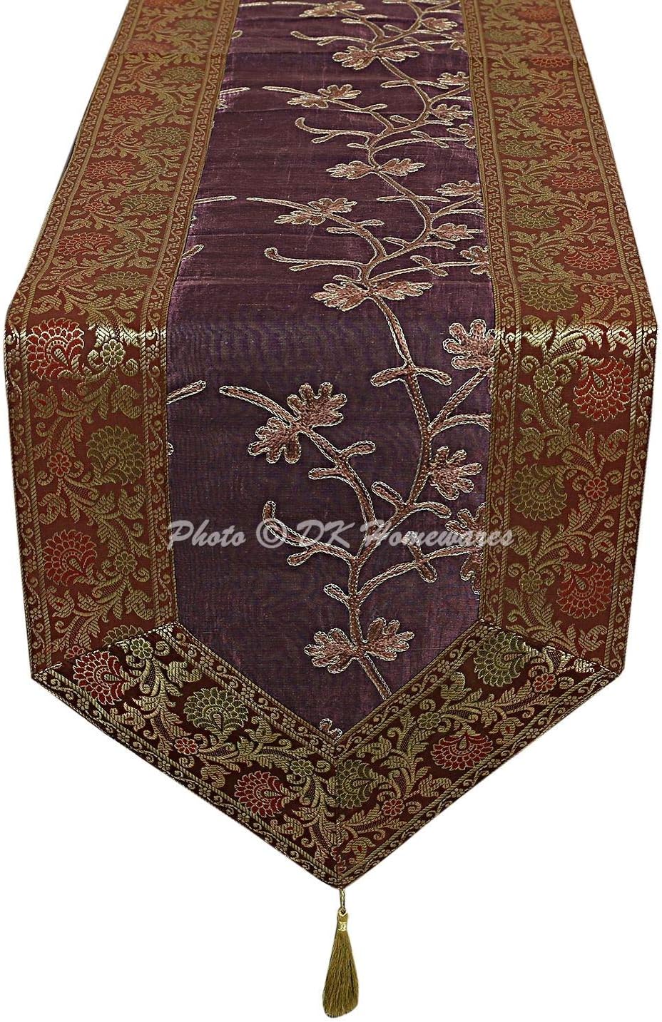 Ethnic Embroidered Jacquard Floral Coffee Table Decoration Table Runner Coffee Purple Brocade Tissue Fabric Christmas Party 72 X 14 Inches Centerpiece 6 Ft (180 X 35 Cm)
