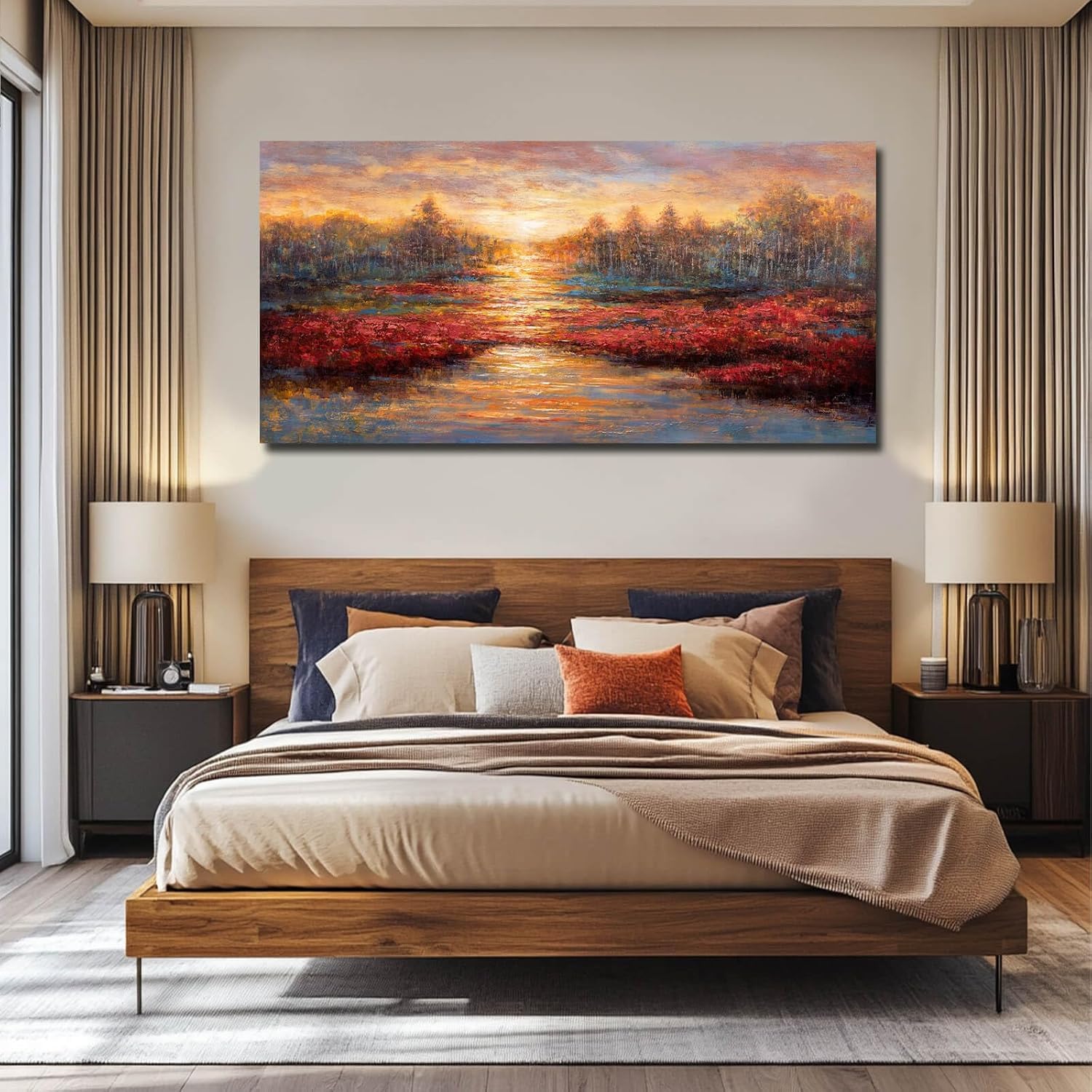 Sunset Glow Pictures Gold and Red Canvas Wall Art Nature Wall Prints for Office Hotel Master Bedroom Wall Decor(65x130cm/Inner frame)