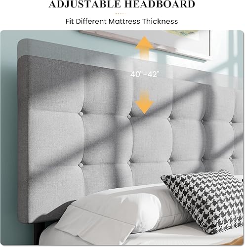 Miniatura 4 de SHA CERLIN Base de cama tapizada de tamaño matrimonial con 4 cajones de almacenamiento, cabecera ajustable con diseño de botones cosidos cuadrados,