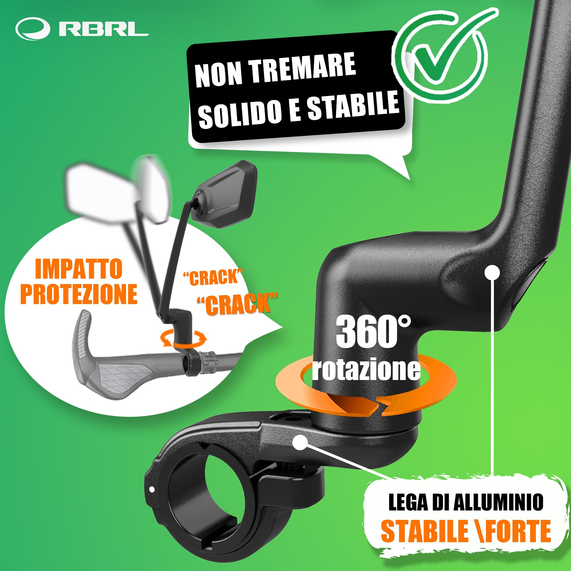 RBRL Specchio da bicicletta per manubrio ProVision in lega di alluminio, infrangibile e durevole, girevole a 360° e pieghevole, per bicicletta elettrica e scooter (a sinistra)