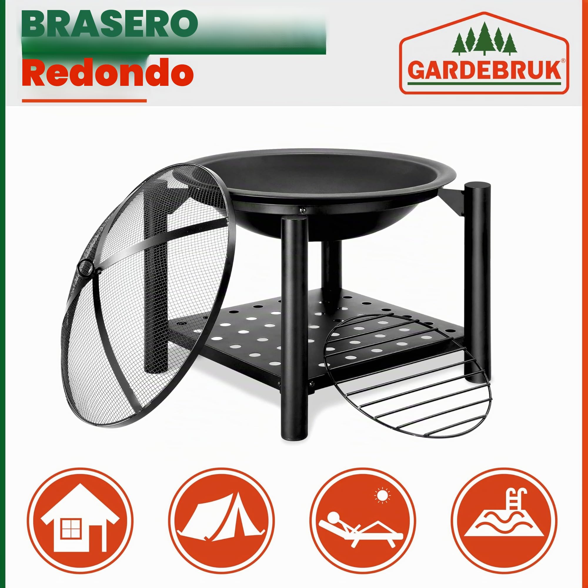 Gardebruk® Brasero Exterior Ø 55 cm Jardín Terraza Protector de Chispas Cubierta Cuenco Fuego con Atizador