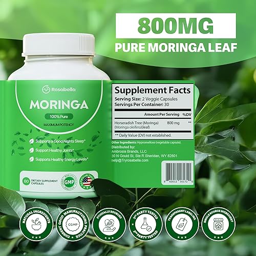 Miniatura 5 de Rosabella Moringa Cápsulas  Polvo de moringa puro, energía, piel, inmune y salud intestinal, superalimento rico en antioxidantes, vitaminas