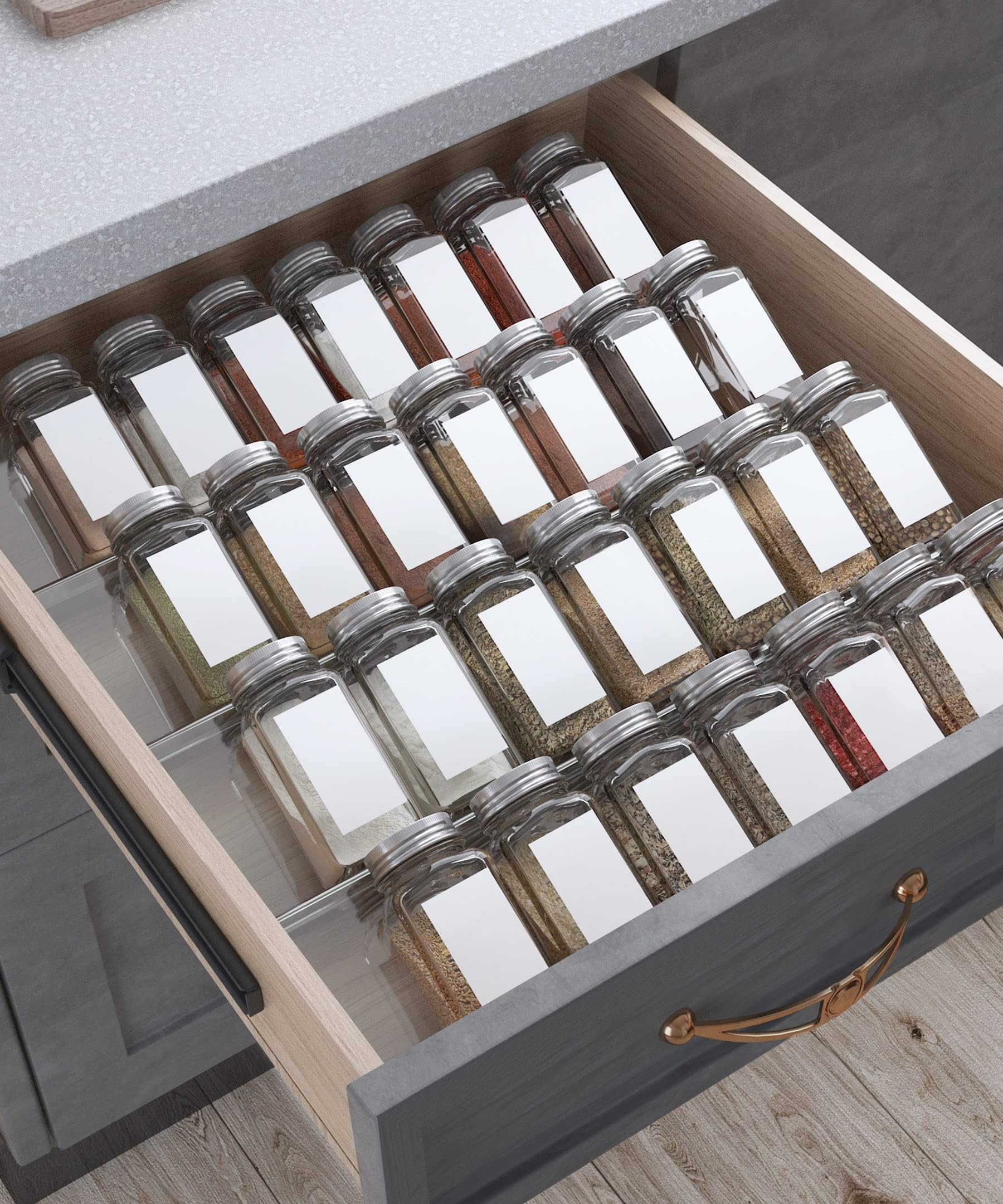 Anteabee 4 Tier 4 Pack Spice Drawer Organiser, Adjustable Acrylic Spice Rack for Inside Drawer, Expandable From 33 to 66cm Kitchen Seasoning Rack Tray for Countertop, Cabinet (Jars not Include)