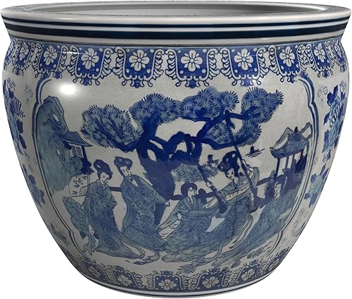 Oriental Furniture - Pecera de porcelana azul y blanca para mujer, 12 pulgadas