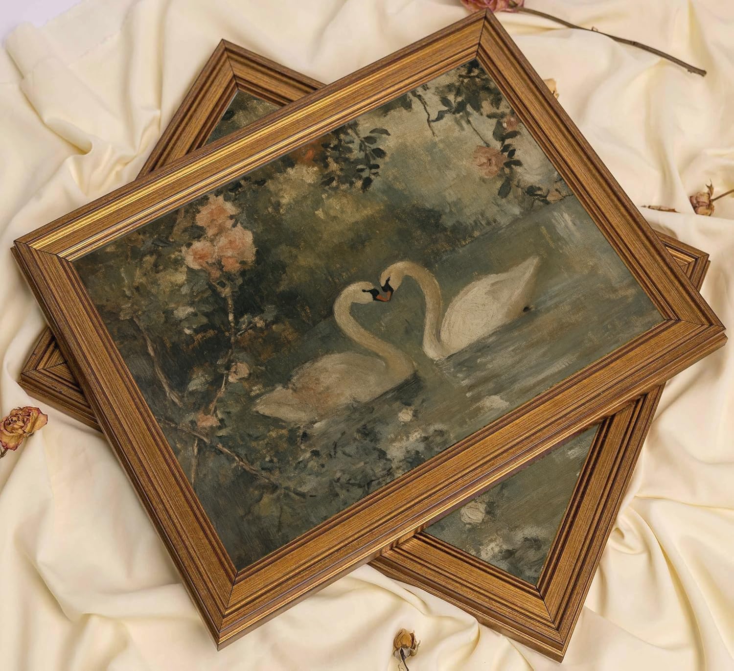 Gold Framed Wall Art Vintage Swan Canvas Art Prints Romantic Cottagecore Pictures Wall Decor Classy Swan Couple Paintings Aesthetic Artwork for Bedroom Bathroom 12x16in