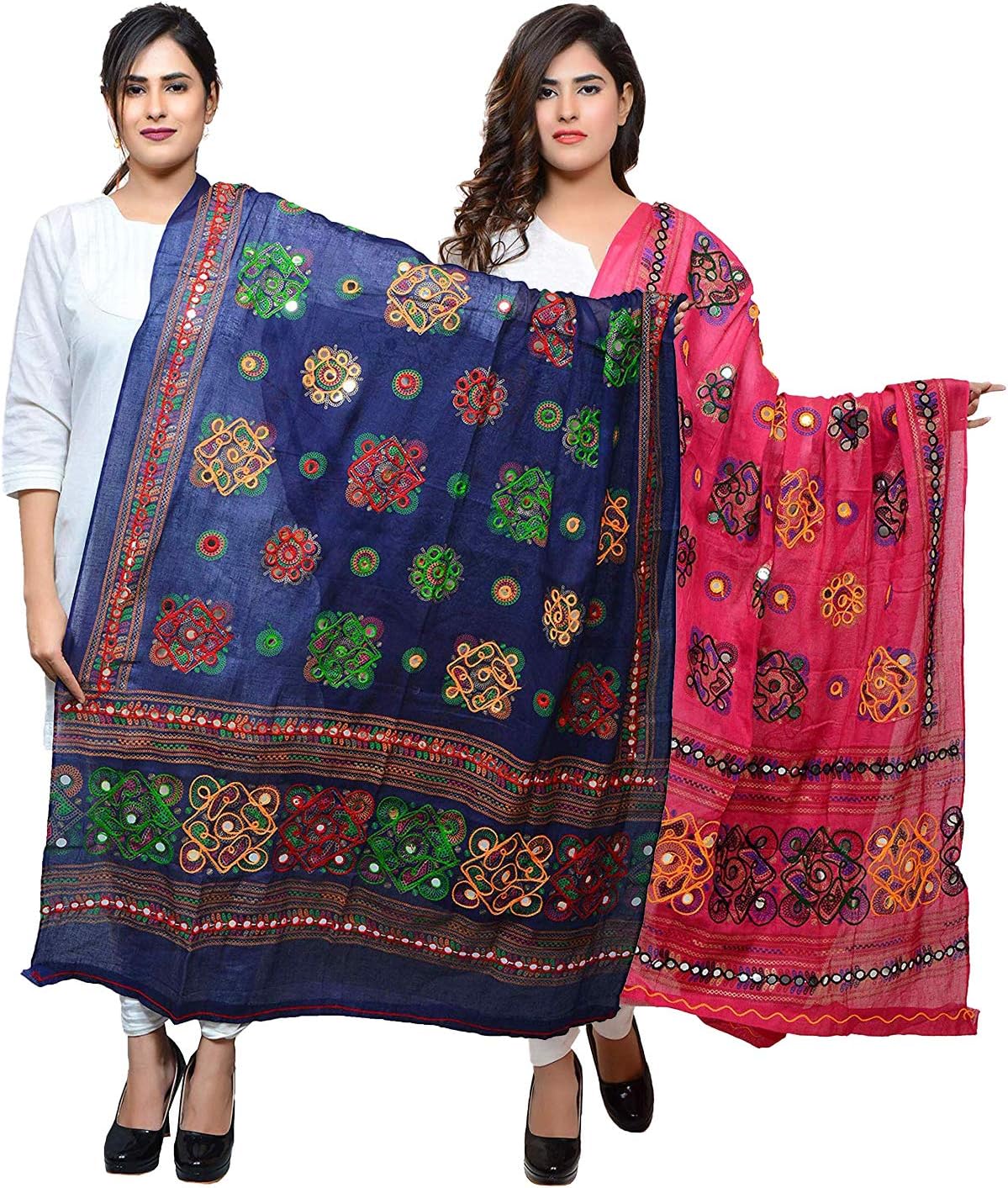 DIAMOCotton Embroidered Paper Mirror Work Dupatta For Womens Pack Of 2, Navy::Rani, 2.25 Meter