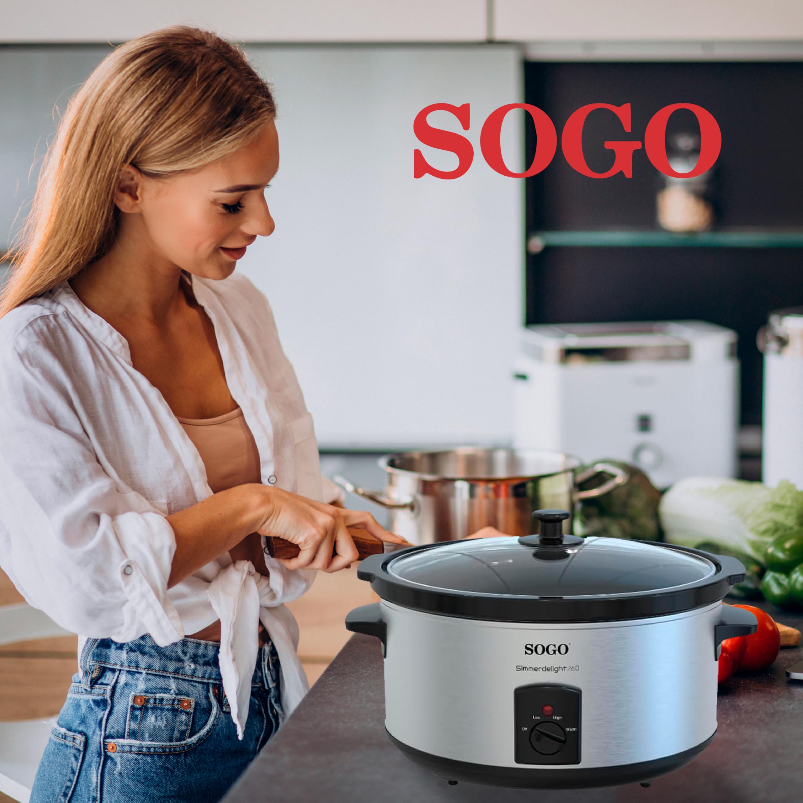 Sogo Pentola a cottura lenta da 5,5 l con 3 funzioni di cottura – Pentola da cucina elettrica con coperchio in vetro temperato per controllo – Pentola da cucina adatta per lavastoviglie con manico