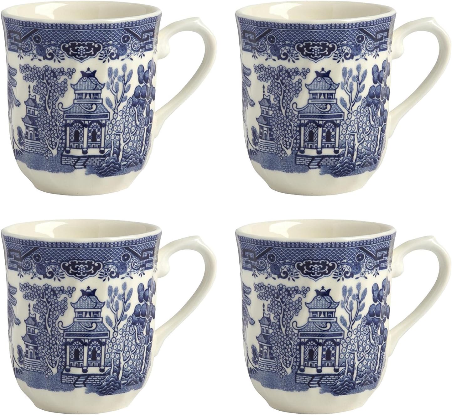 Queen's Blue Willow Imperial Coffee Mugs, Blue and Ivory Design, Earthenware Construction (Set of 4)