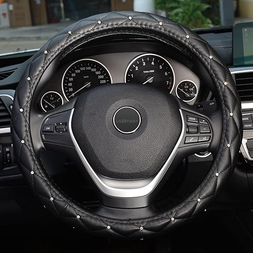 Miniatura 2 de LABBYWAY Funda para volante de piel con diamantes de imitación brillantes, ajuste universal de 15 pulgadas, funda para volante de automóvil para