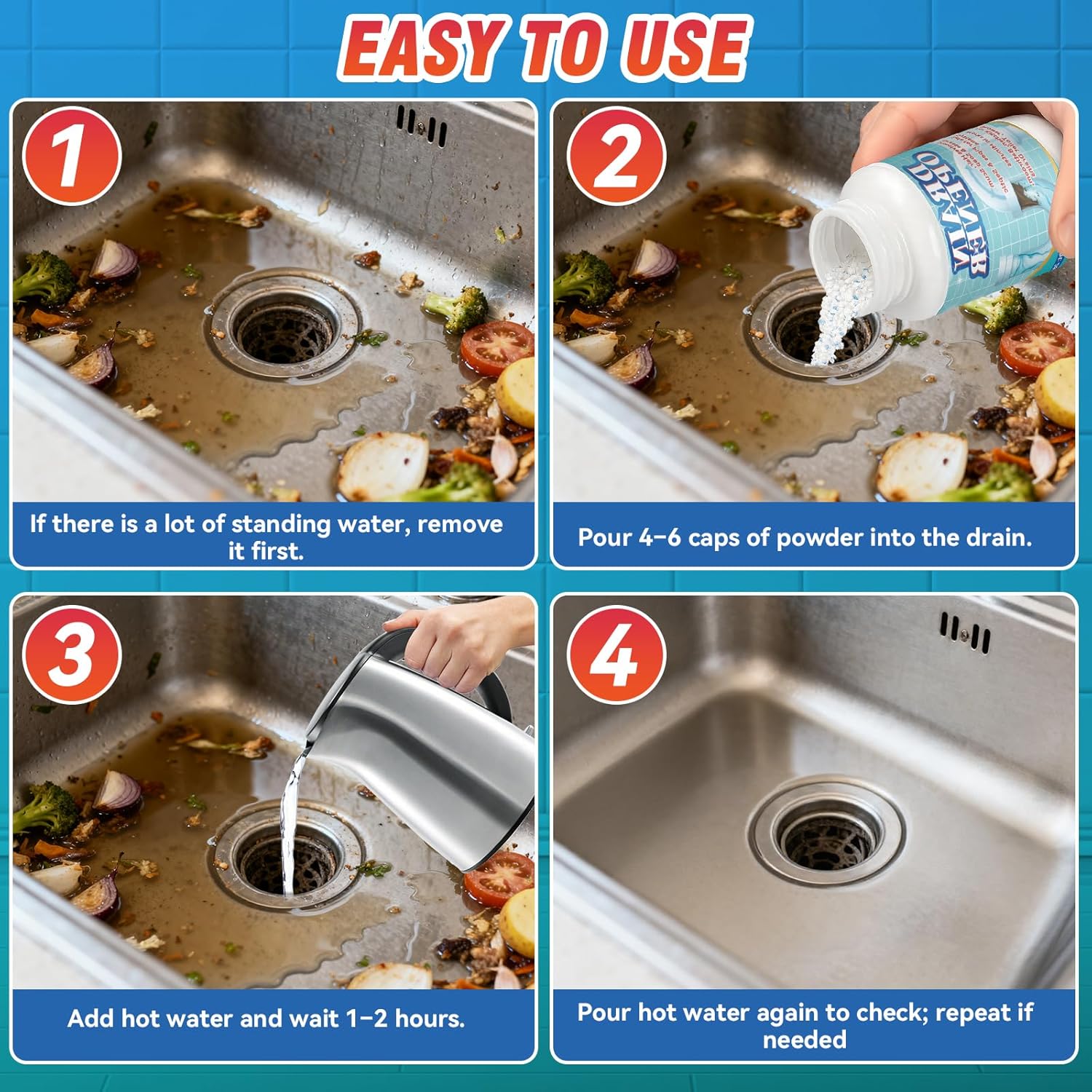 Drain Clog Remover, Hair Drains Clog Remover, Crystal Lye Drain Opener Unclog Bathroom and Kitchen Sinks, Drains, Shower Pipes, Removes Hair, Soap Scum, Blockages, 260g - Image 5