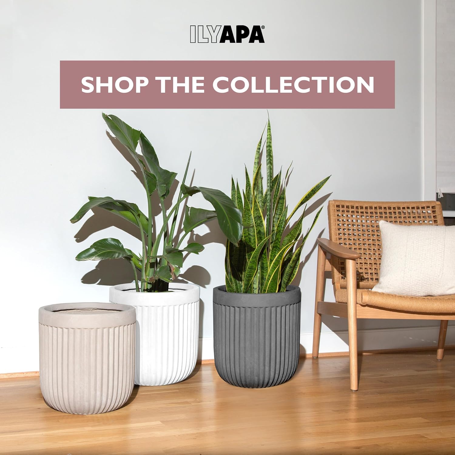 Ilyapa 14 Inch Large Fluted Modern Concrete Planter - 14x14 Inch Indoor Plant Pots with Drainage - Large Black Planters for Indoor/Outdoor Use