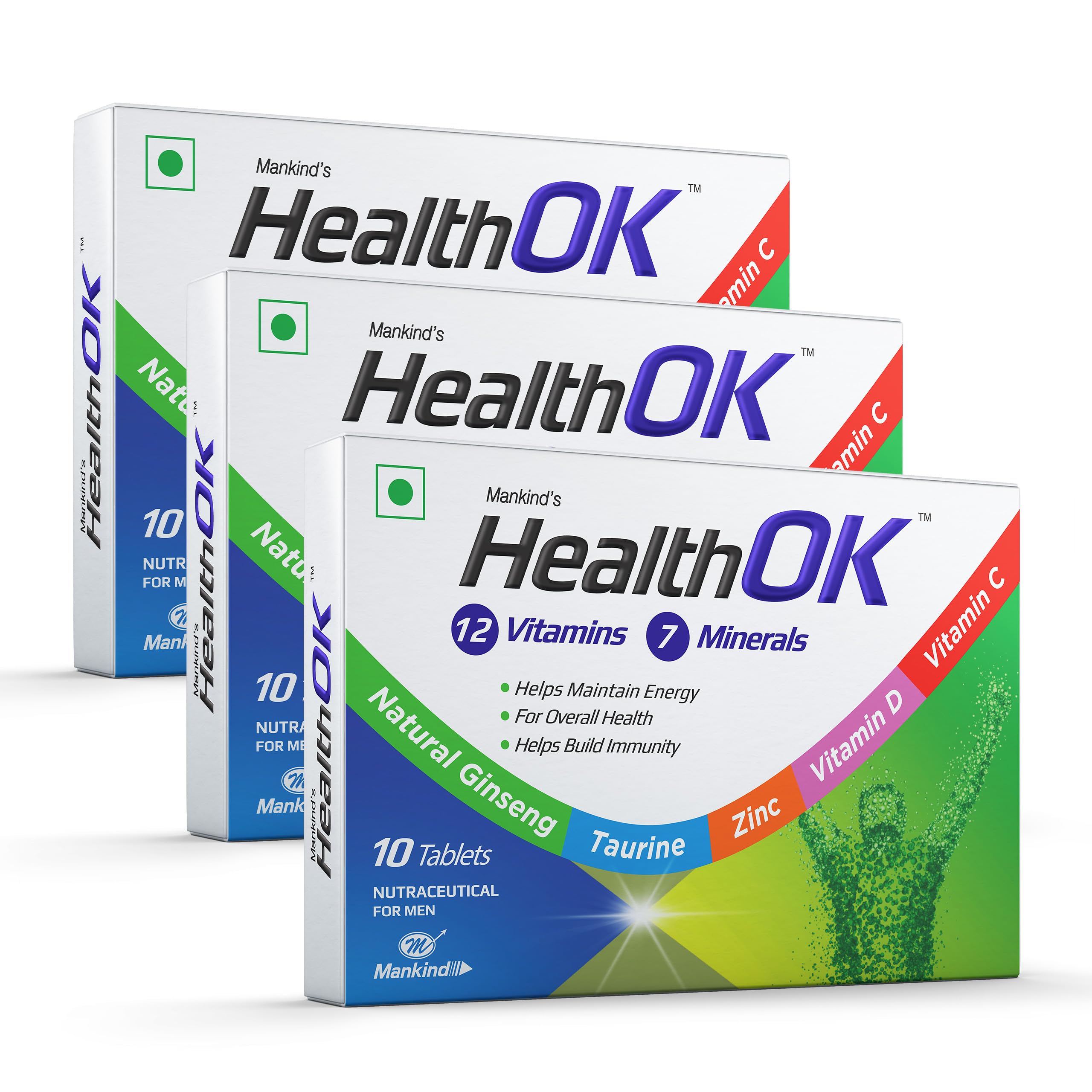 Health Ok Mankind's Health OK Multivitamin with Natural Ginseng & Taurine Power; Lemon Flavour, 100% Vegetarian (3 x 10 tablets)